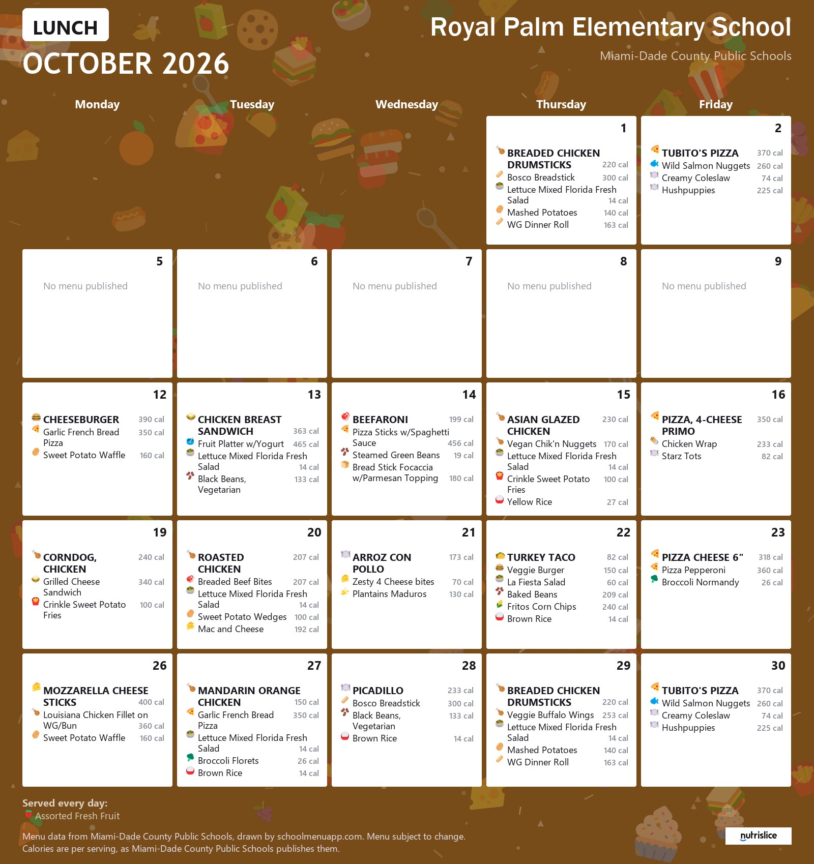 Royal Palm Elementary School lunch menu for October 2026 &mdash; Miami-Dade County Public Schools