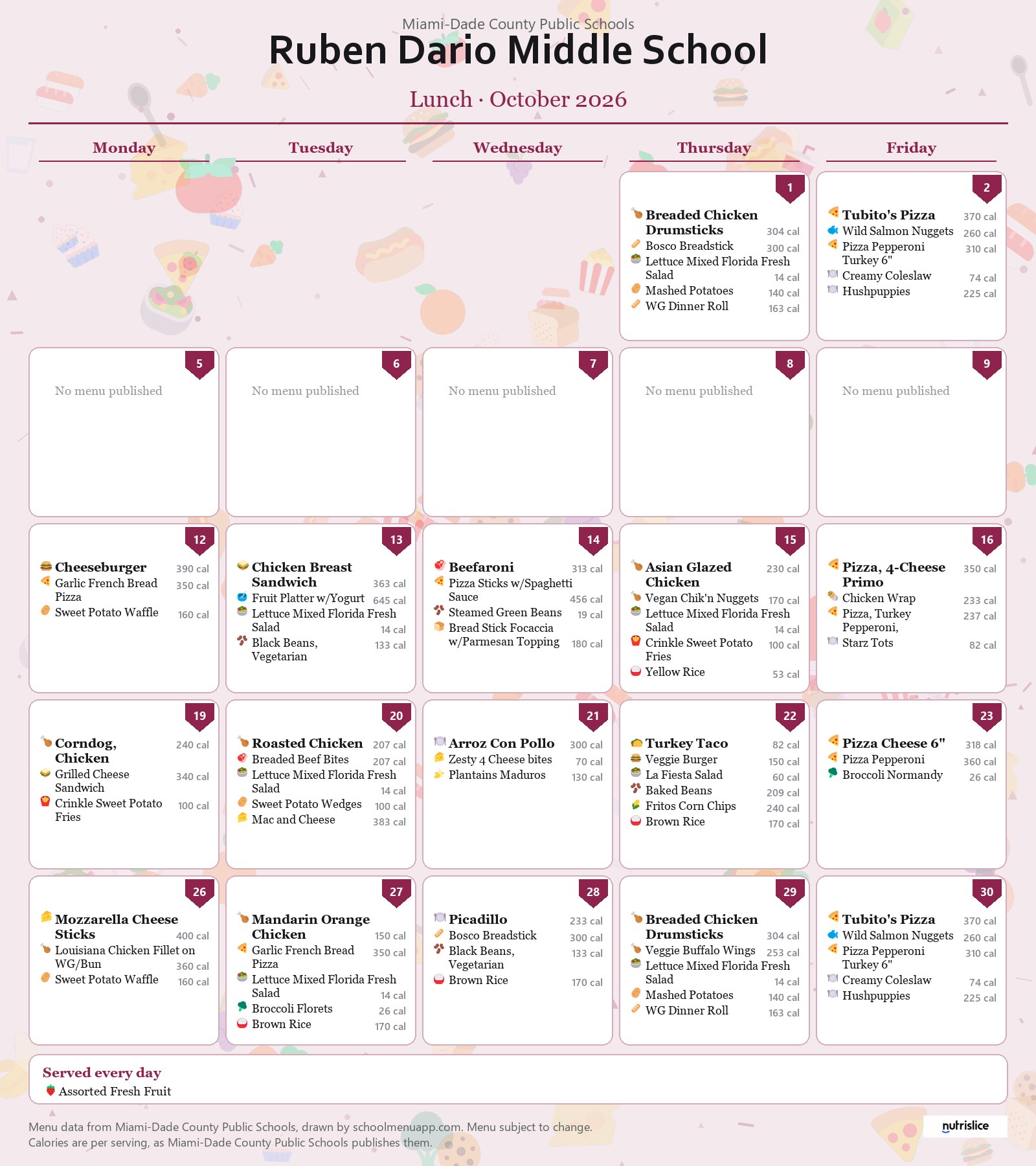 Ruben Dario Middle School lunch menu for October 2026 &mdash; Miami-Dade County Public Schools