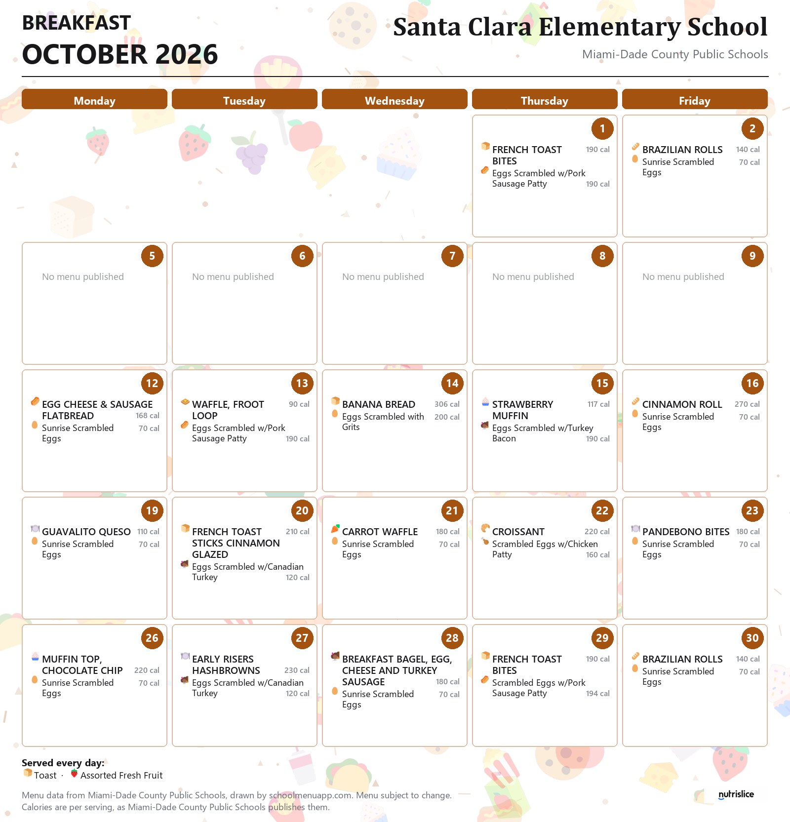 Santa Clara Elementary School breakfast menu for October 2026 &mdash; Miami-Dade County Public Schools