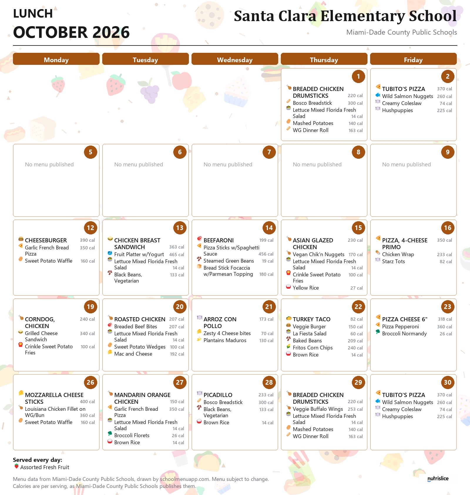 Santa Clara Elementary School lunch menu for October 2026 &mdash; Miami-Dade County Public Schools