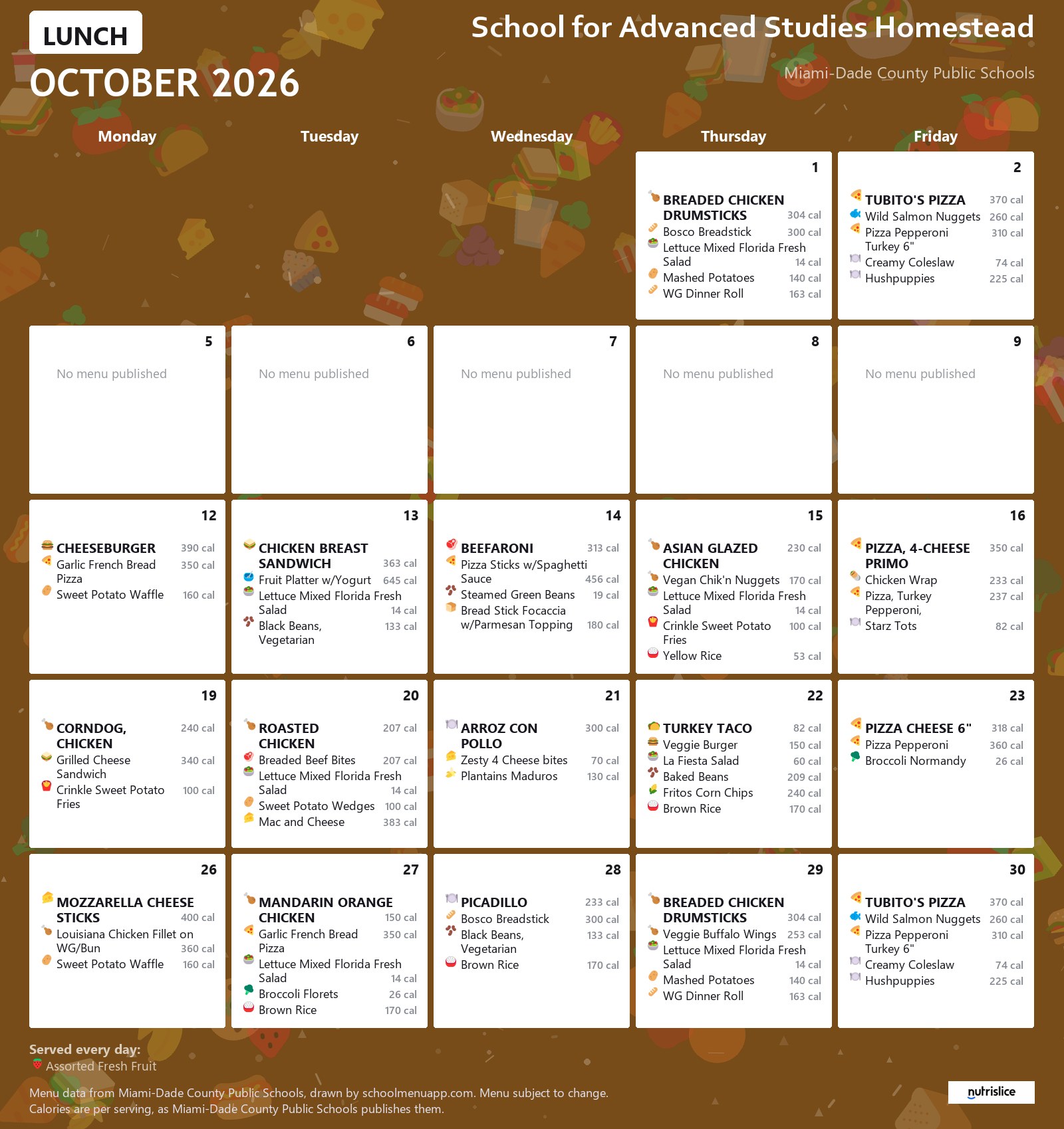 School for Advanced Studies Homestead lunch menu for October 2026 &mdash; Miami-Dade County Public Schools