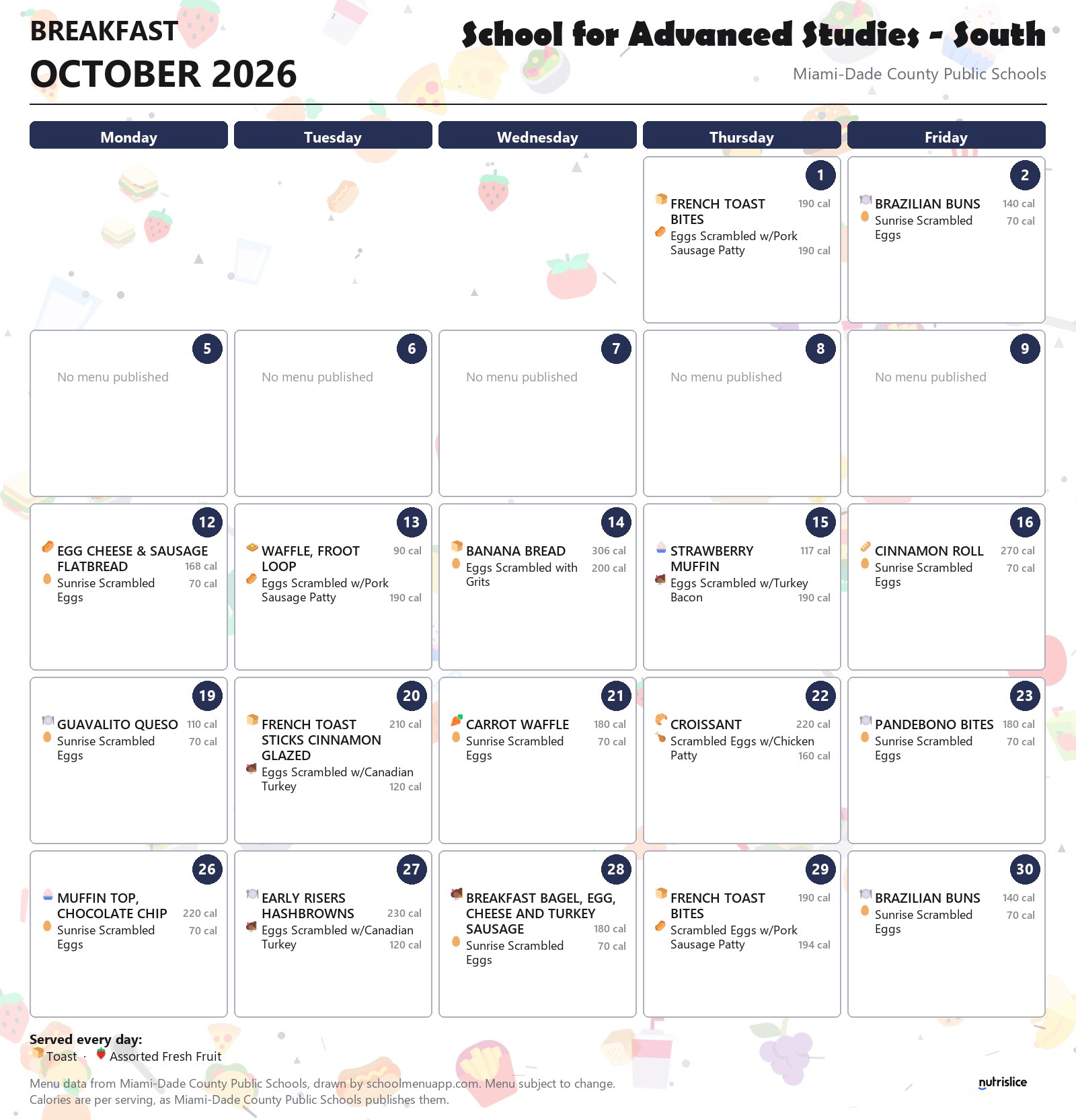 School for Advanced Studies - South breakfast menu for October 2026 &mdash; Miami-Dade County Public Schools