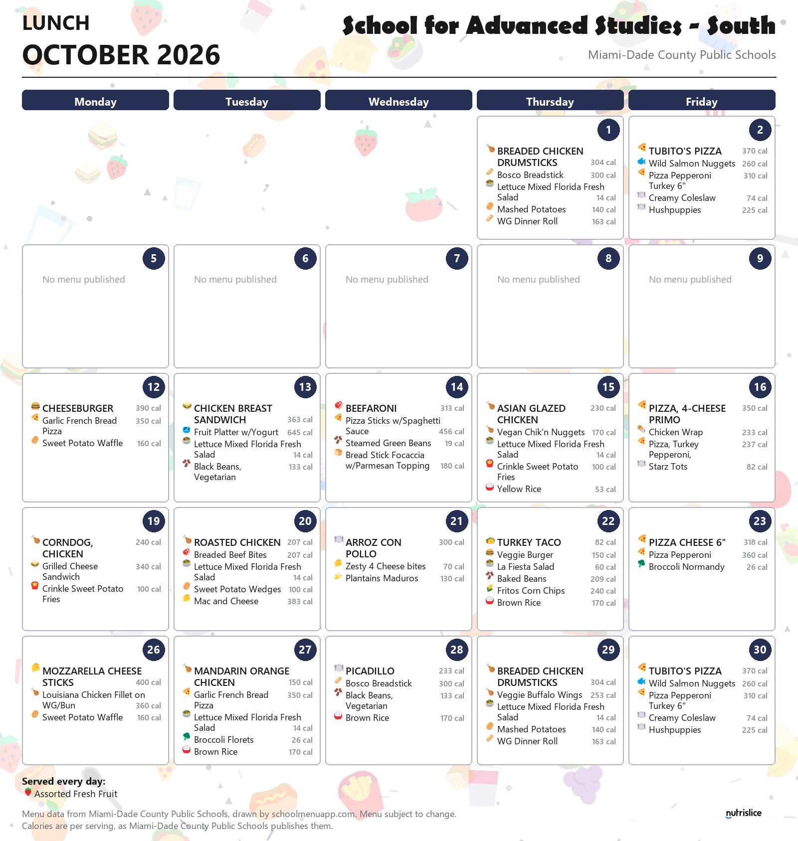 School for Advanced Studies - South lunch menu for October 2026 &mdash; Miami-Dade County Public Schools