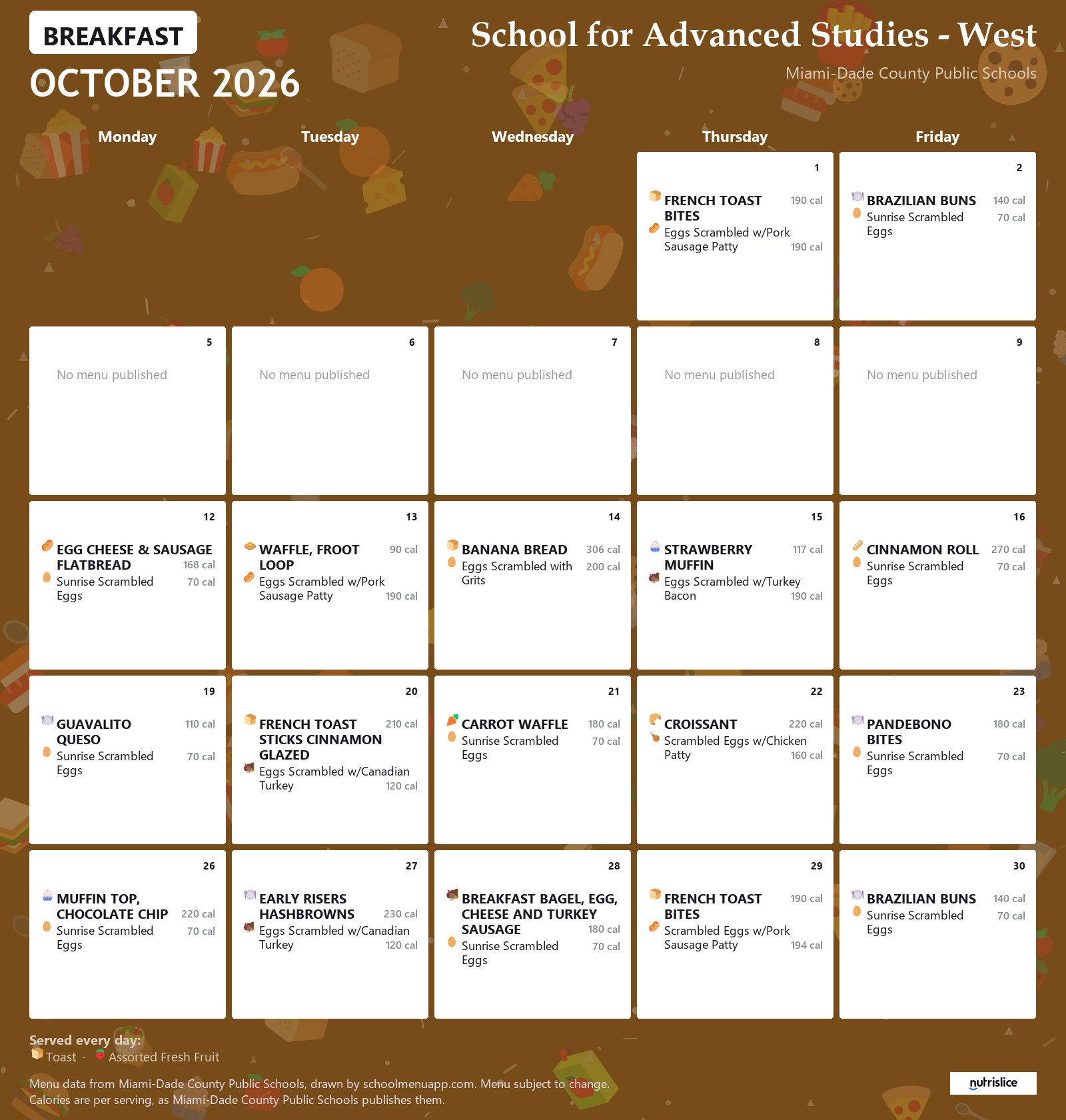 School for Advanced Studies - West breakfast menu for October 2026 &mdash; Miami-Dade County Public Schools