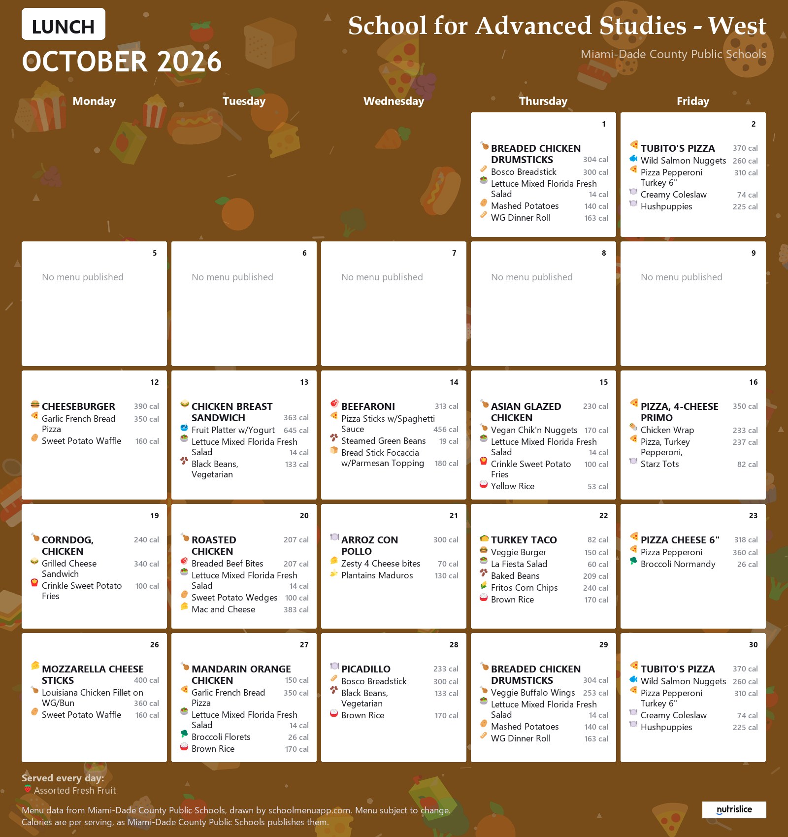 School for Advanced Studies - West lunch menu for October 2026 &mdash; Miami-Dade County Public Schools