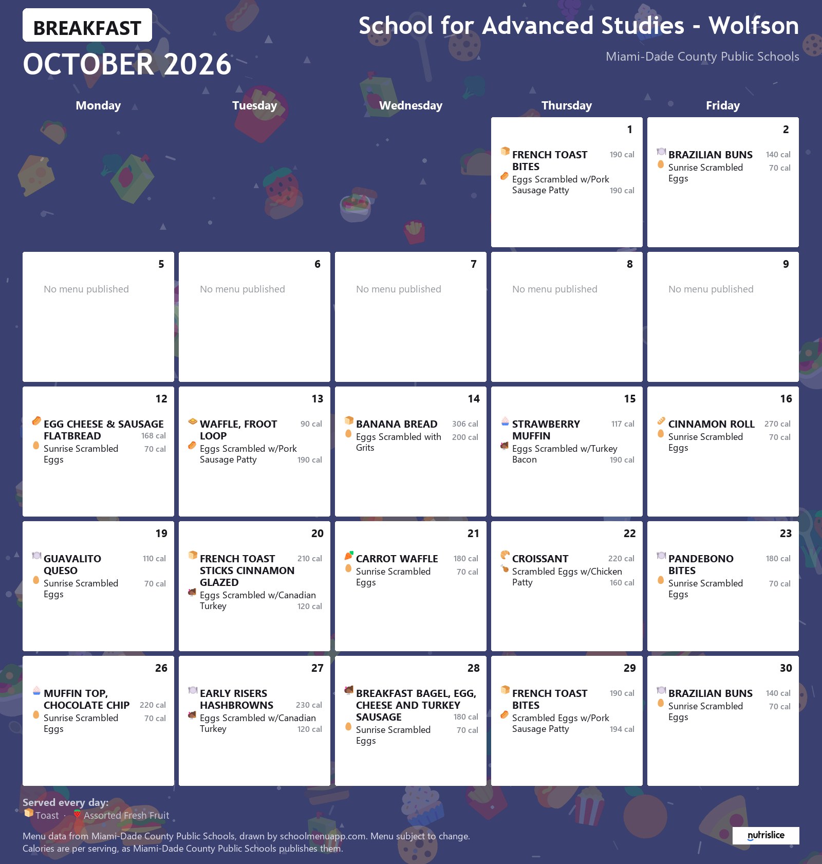 School for Advanced Studies - Wolfson breakfast menu for October 2026 &mdash; Miami-Dade County Public Schools