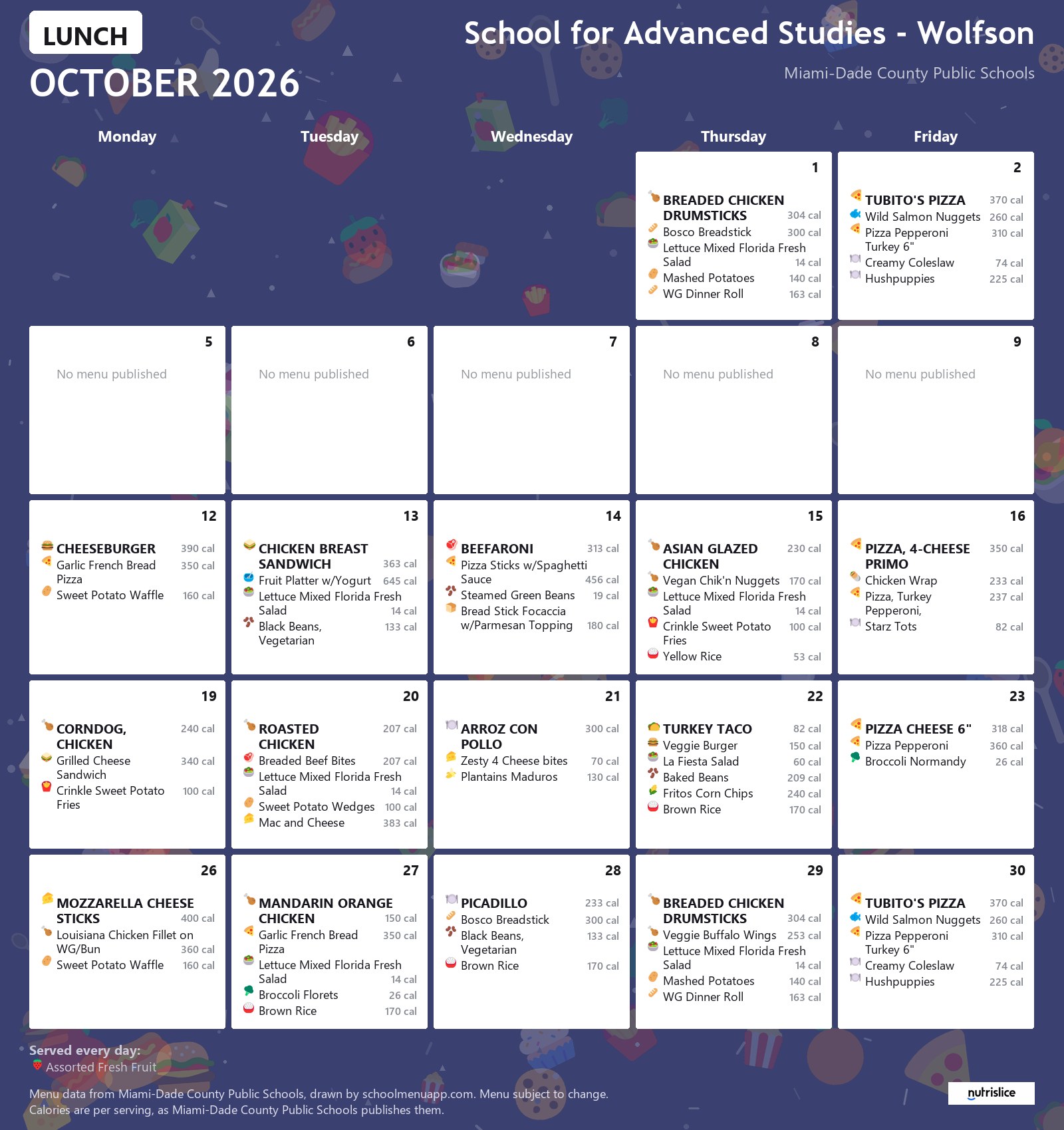 School for Advanced Studies - Wolfson lunch menu for October 2026 &mdash; Miami-Dade County Public Schools
