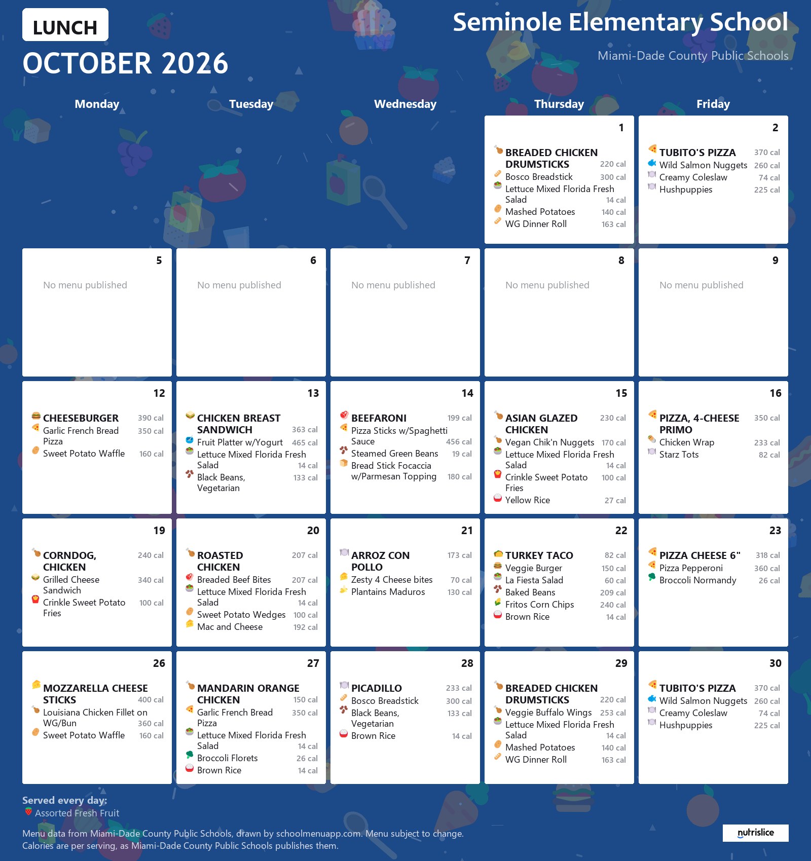 Seminole Elementary School lunch menu for October 2026 &mdash; Miami-Dade County Public Schools