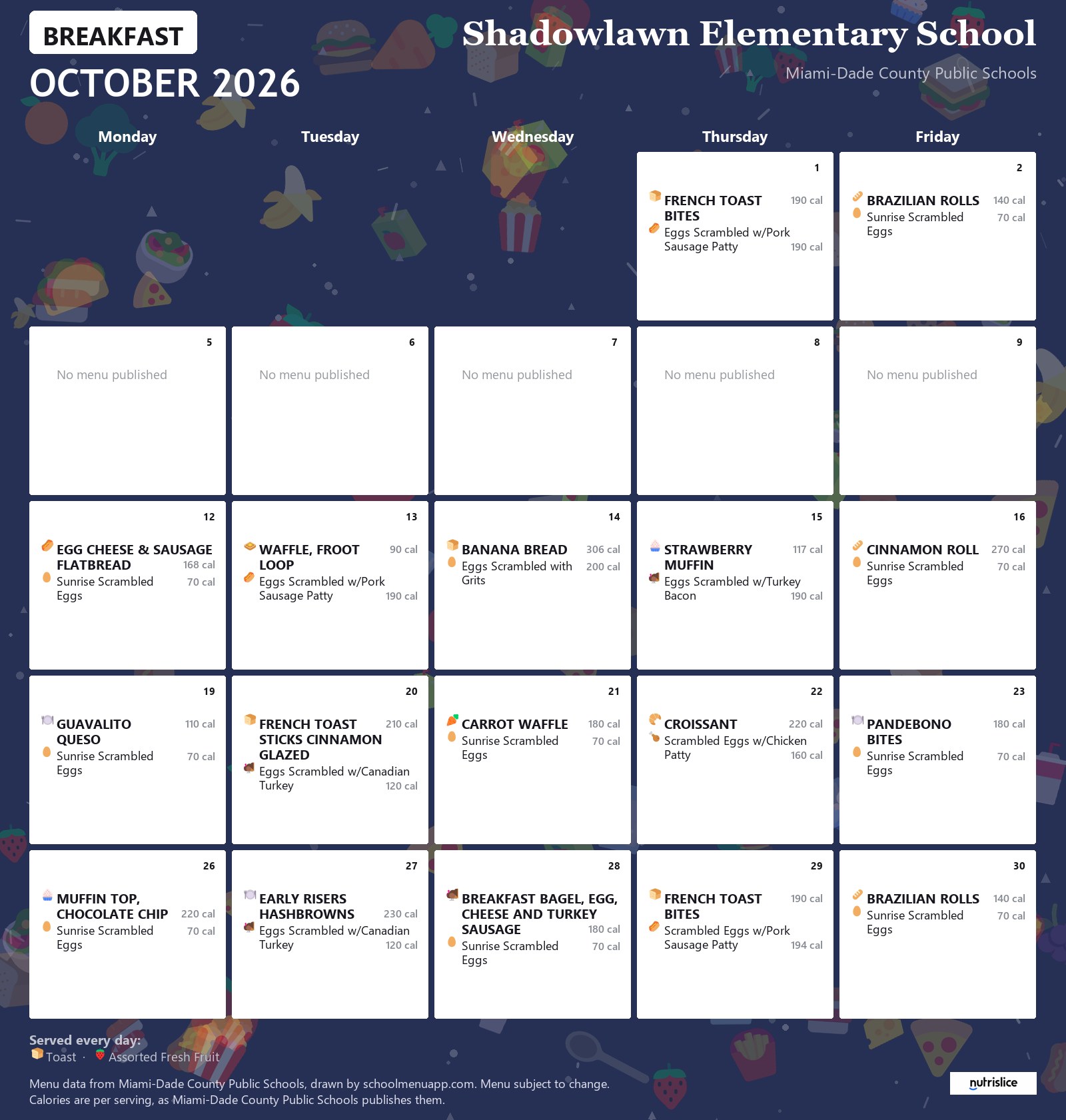 Shadowlawn Elementary School breakfast menu for October 2026 &mdash; Miami-Dade County Public Schools