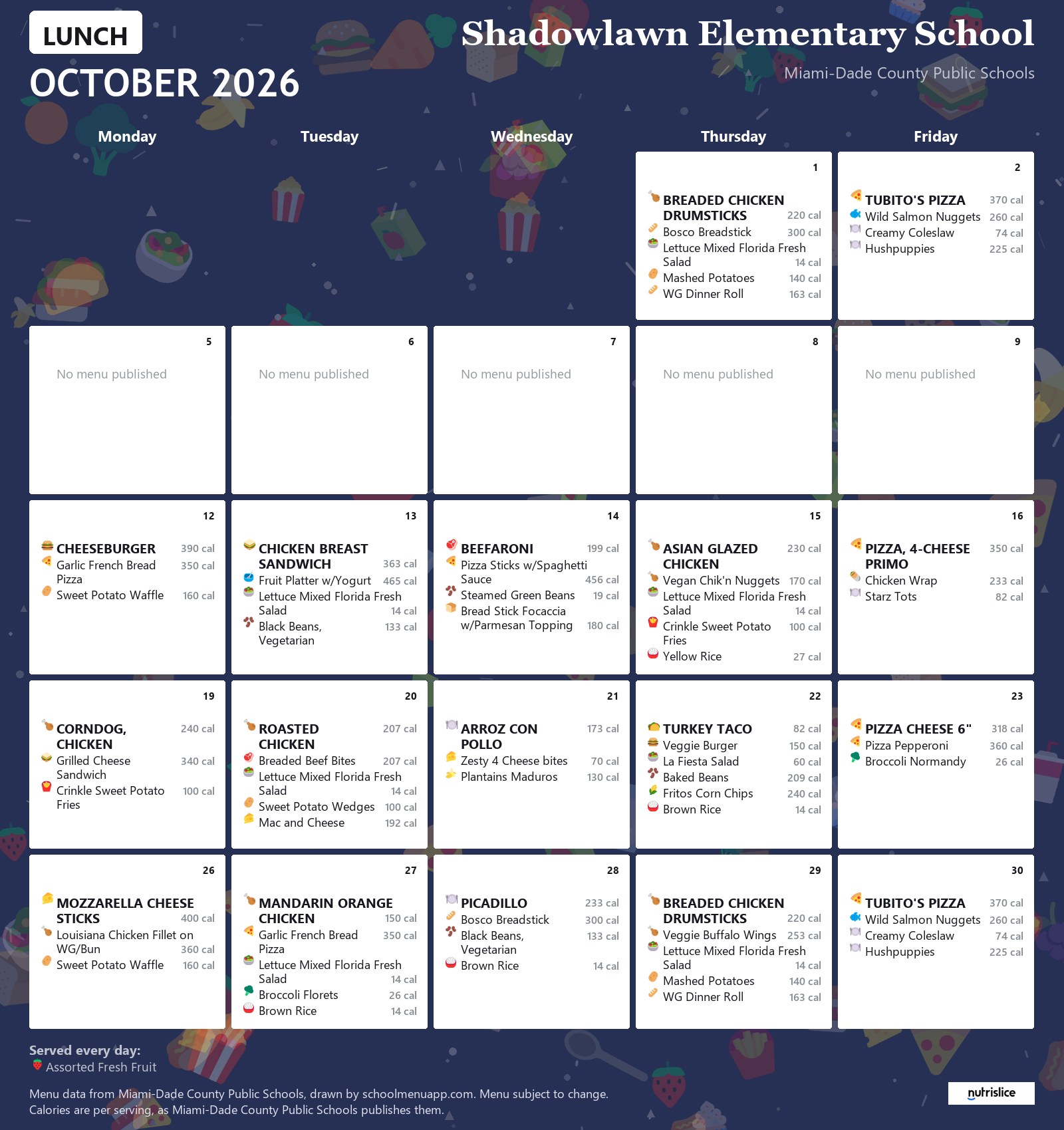 Shadowlawn Elementary School lunch menu for October 2026 &mdash; Miami-Dade County Public Schools