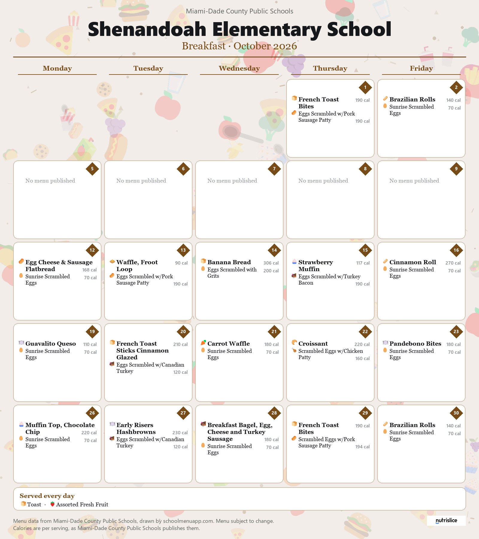 Shenandoah Elementary School breakfast menu for October 2026 &mdash; Miami-Dade County Public Schools