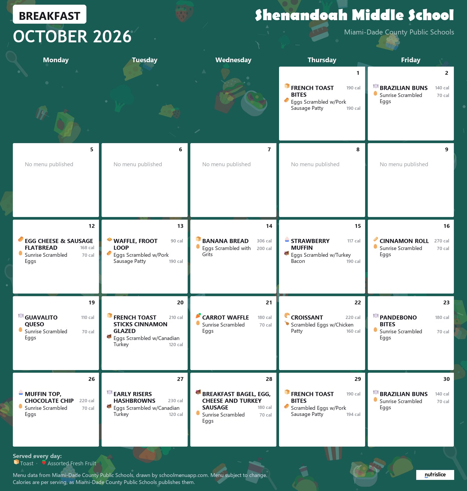 Shenandoah Middle School breakfast menu for October 2026 &mdash; Miami-Dade County Public Schools