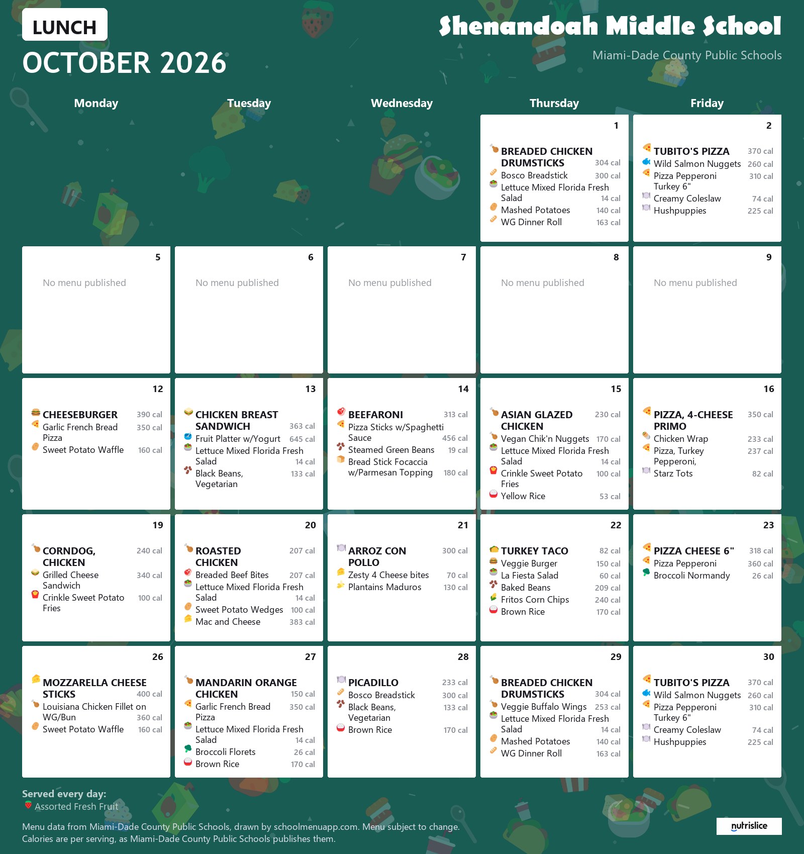 Shenandoah Middle School lunch menu for October 2026 &mdash; Miami-Dade County Public Schools