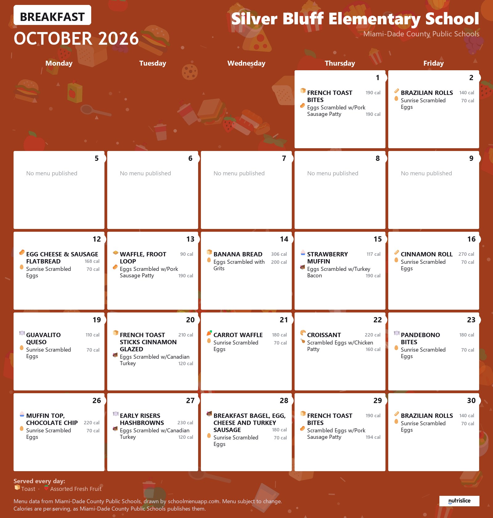 Silver Bluff Elementary School breakfast menu for October 2026 &mdash; Miami-Dade County Public Schools