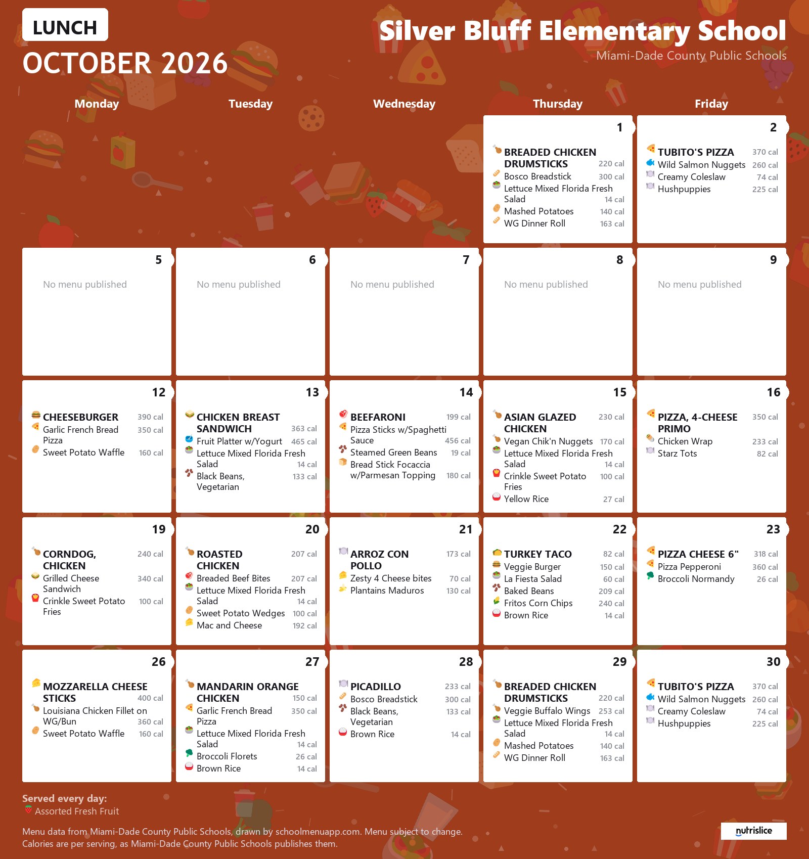 Silver Bluff Elementary School lunch menu for October 2026 &mdash; Miami-Dade County Public Schools