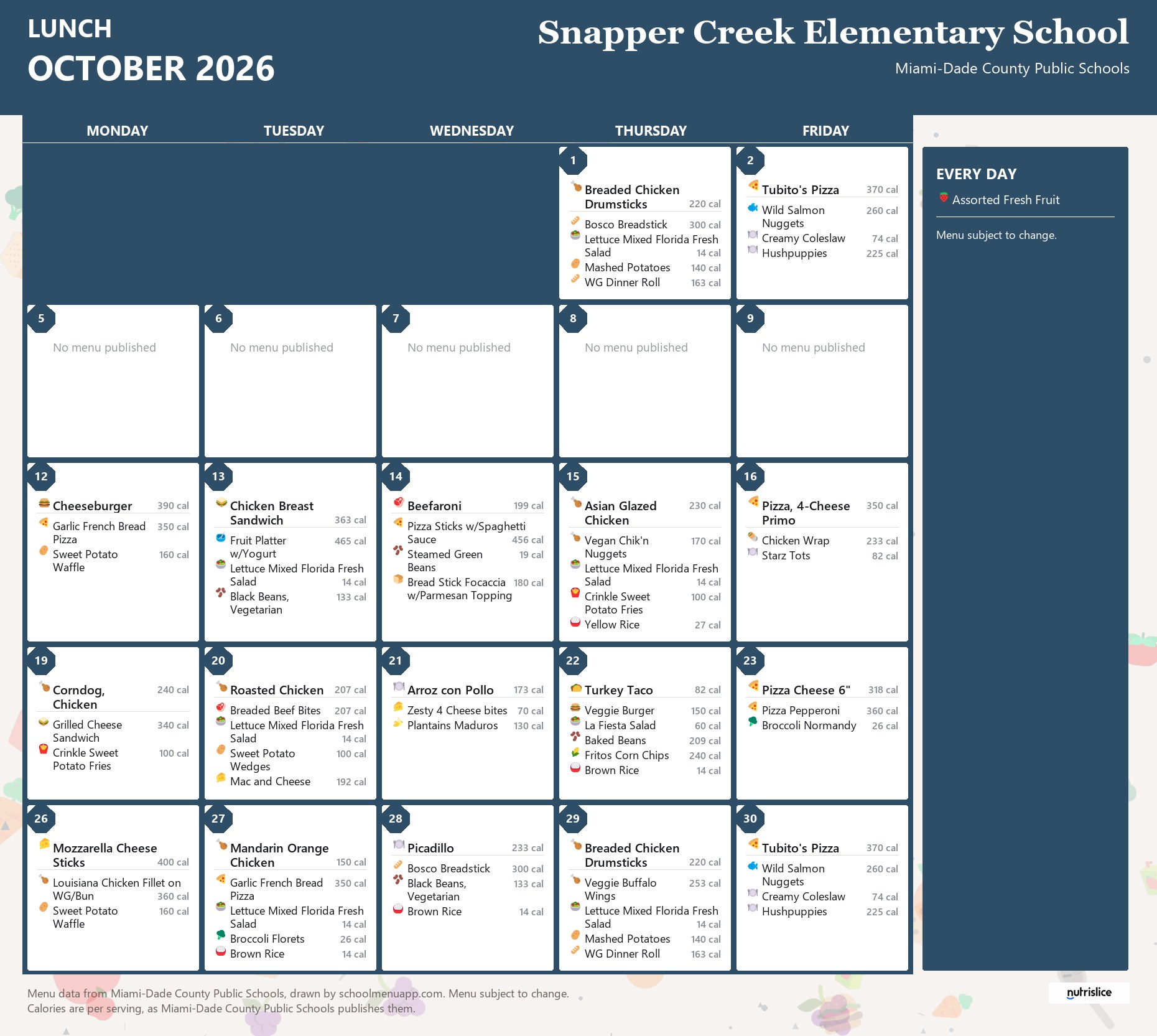 Snapper Creek Elementary School lunch menu for October 2026 &mdash; Miami-Dade County Public Schools
