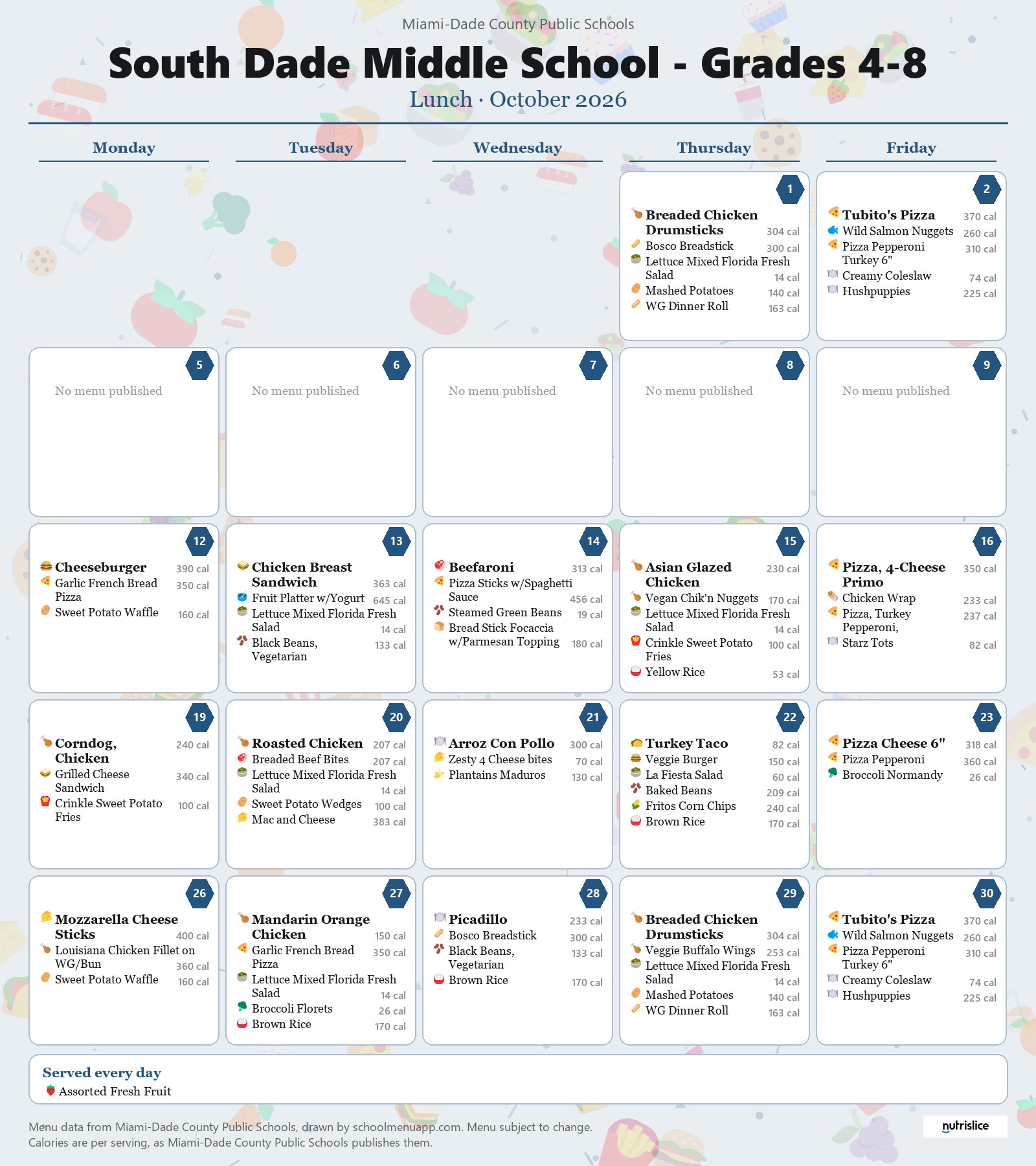 South Dade Middle School - Grades 4-8 lunch menu for October 2026 &mdash; Miami-Dade County Public Schools