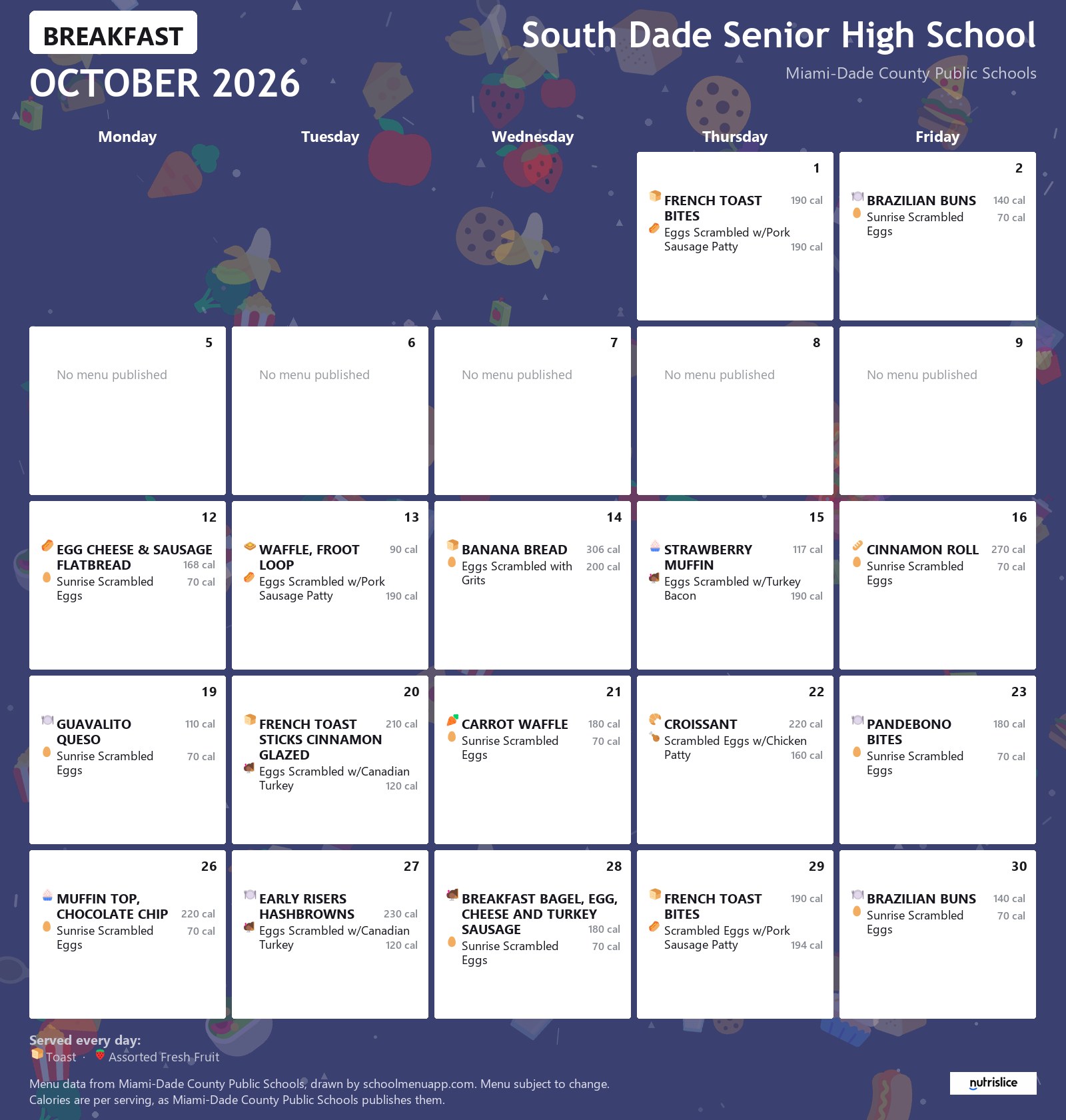South Dade Senior High School breakfast menu for October 2026 &mdash; Miami-Dade County Public Schools