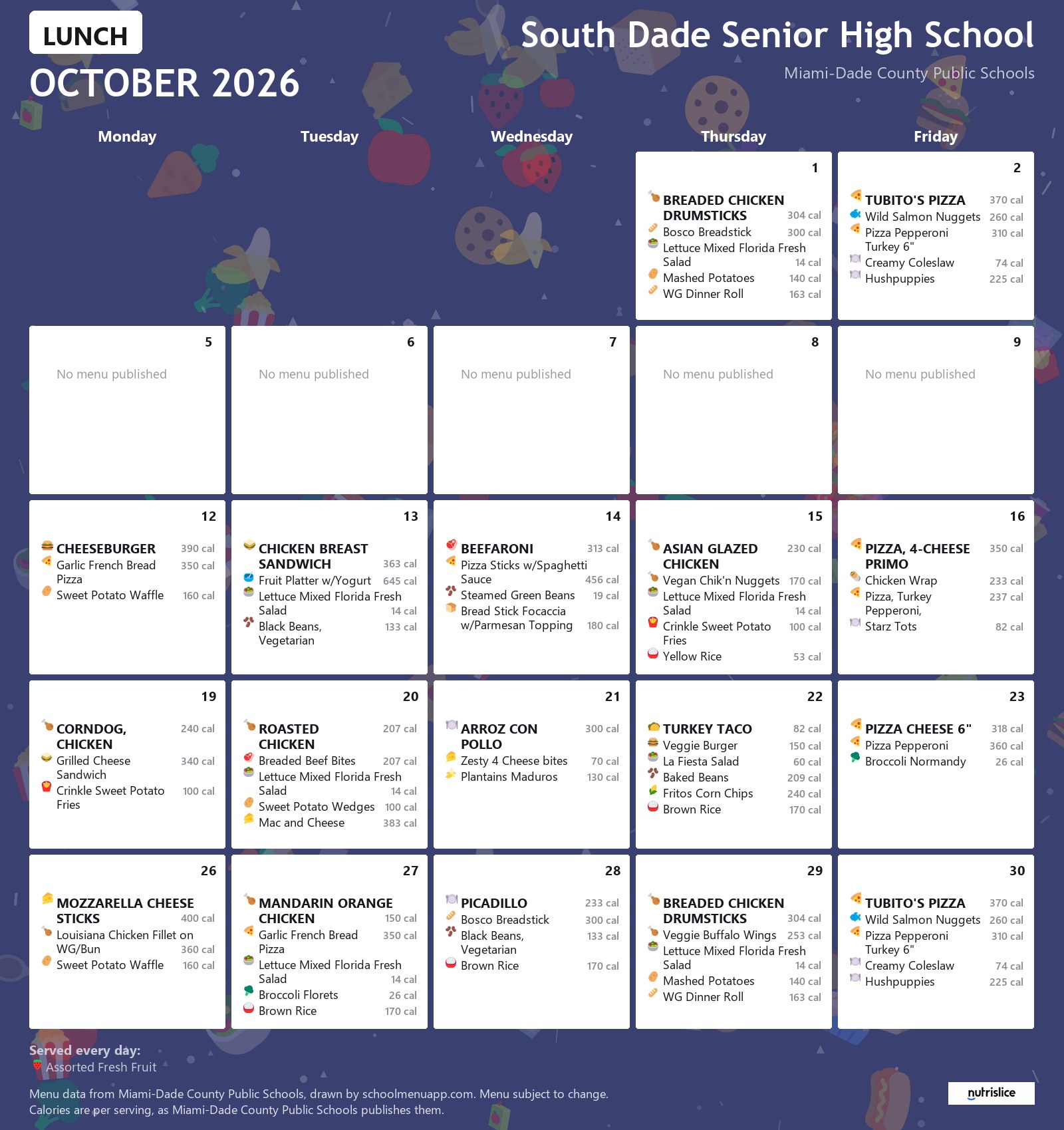 South Dade Senior High School lunch menu for October 2026 &mdash; Miami-Dade County Public Schools