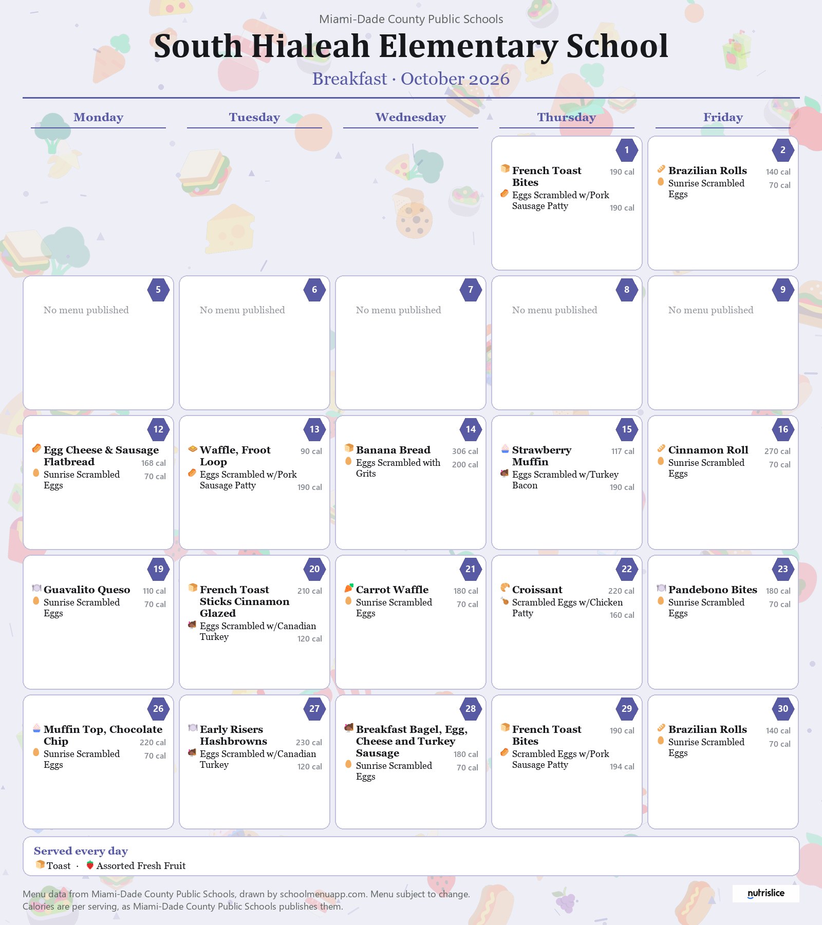 South Hialeah Elementary School breakfast menu for October 2026 &mdash; Miami-Dade County Public Schools