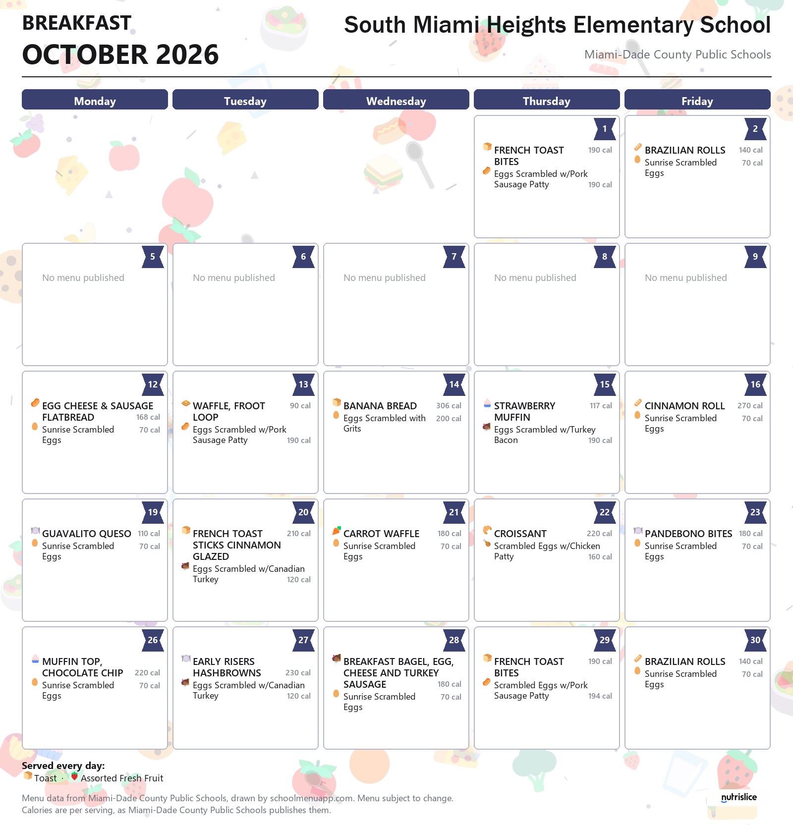South Miami Heights Elementary School breakfast menu for October 2026 &mdash; Miami-Dade County Public Schools