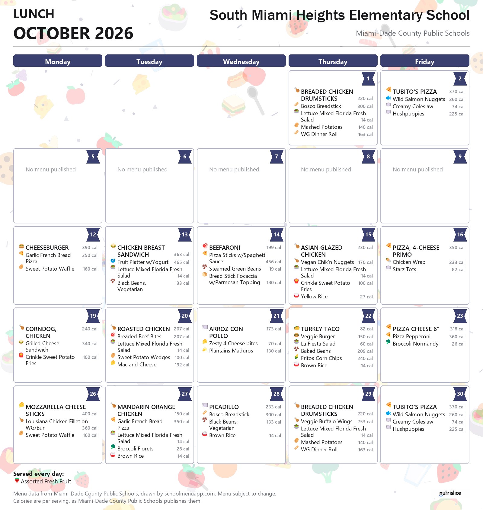 South Miami Heights Elementary School lunch menu for October 2026 &mdash; Miami-Dade County Public Schools