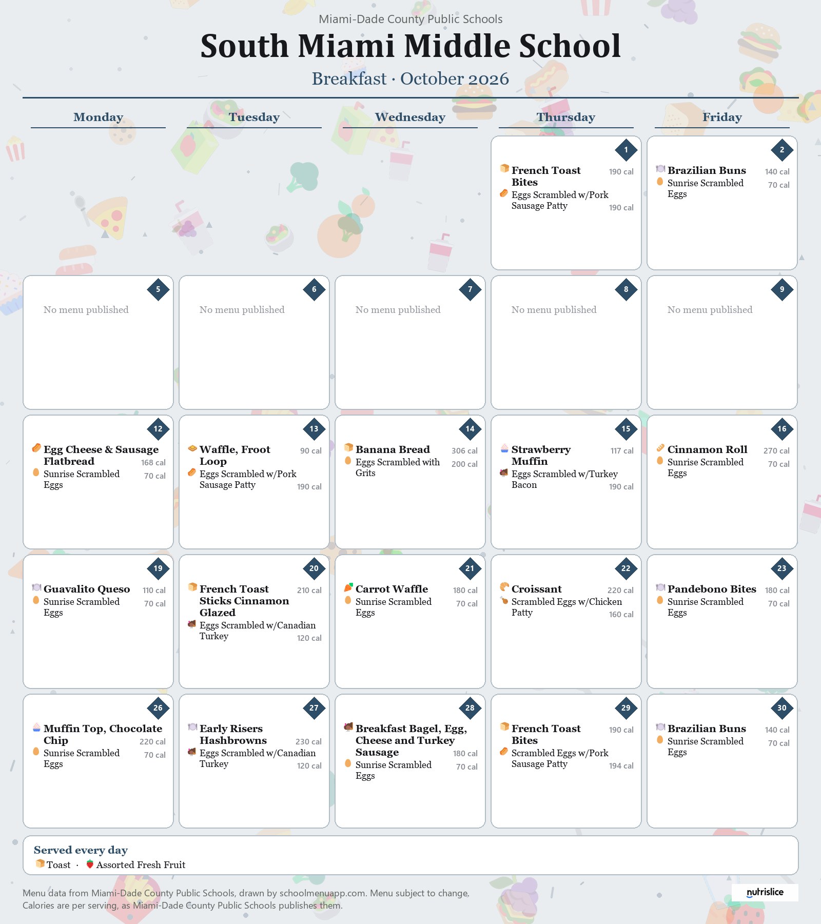 South Miami Middle School breakfast menu for October 2026 &mdash; Miami-Dade County Public Schools