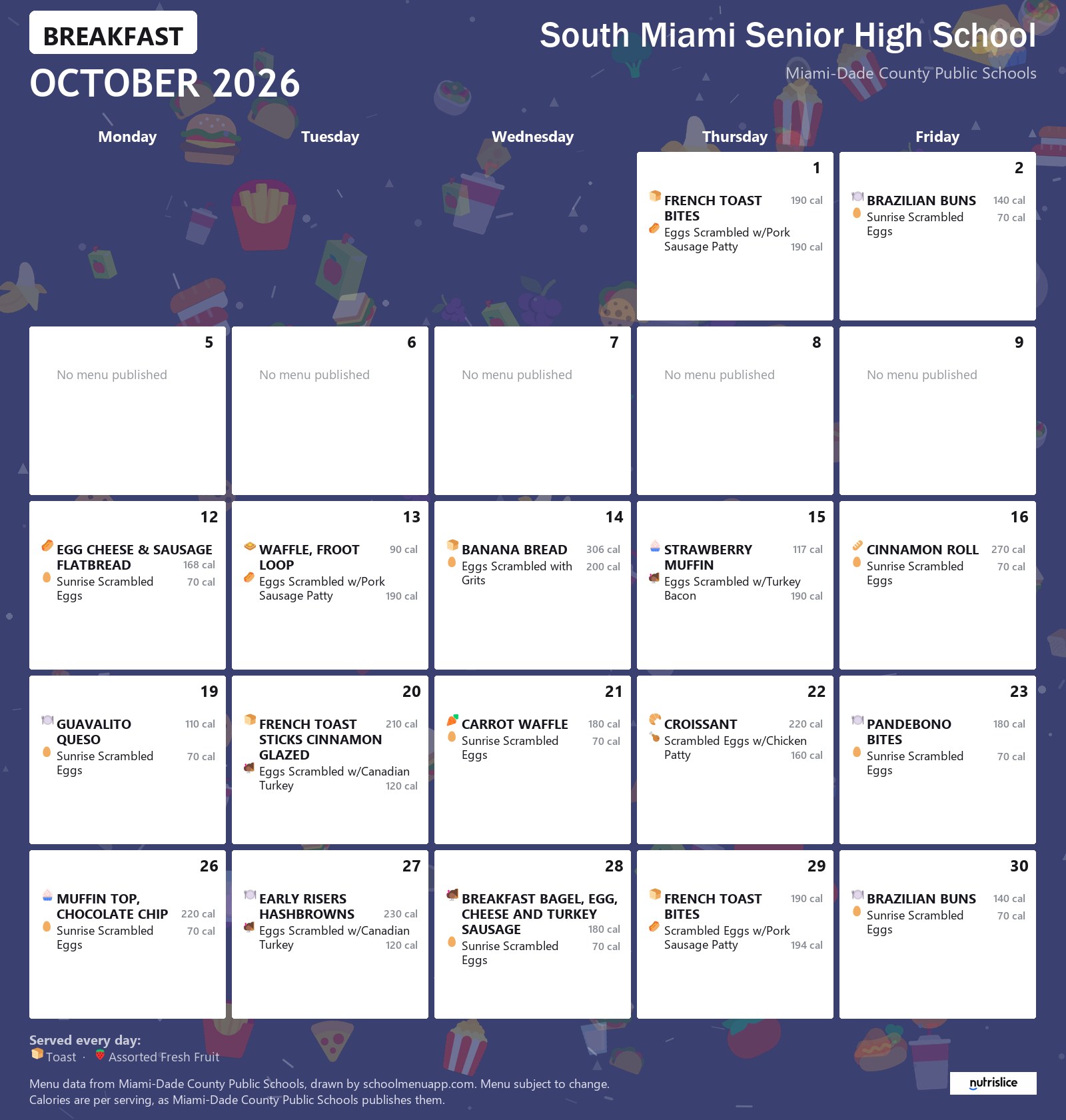 South Miami Senior High School breakfast menu for October 2026 &mdash; Miami-Dade County Public Schools