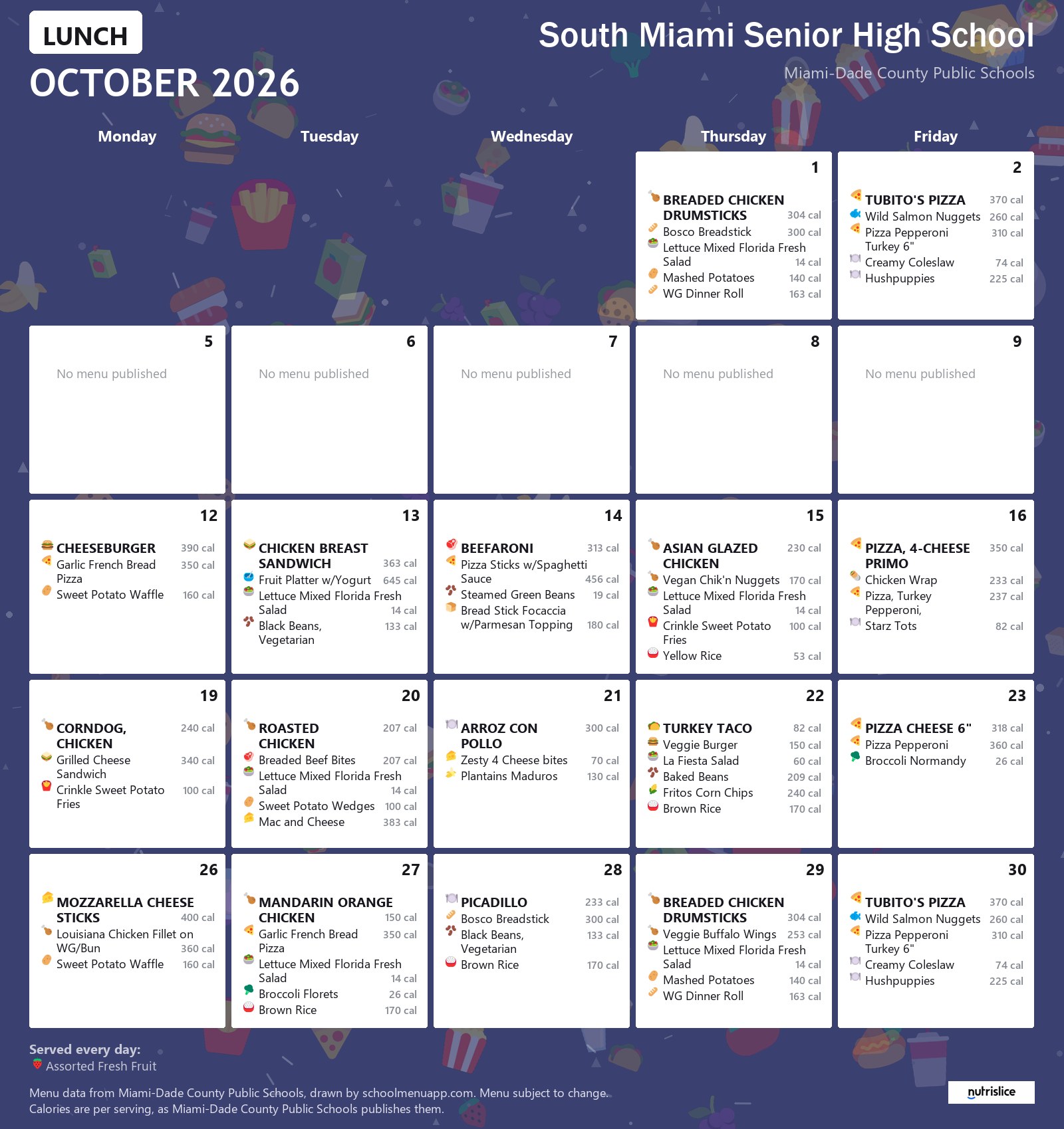 South Miami Senior High School lunch menu for October 2026 &mdash; Miami-Dade County Public Schools