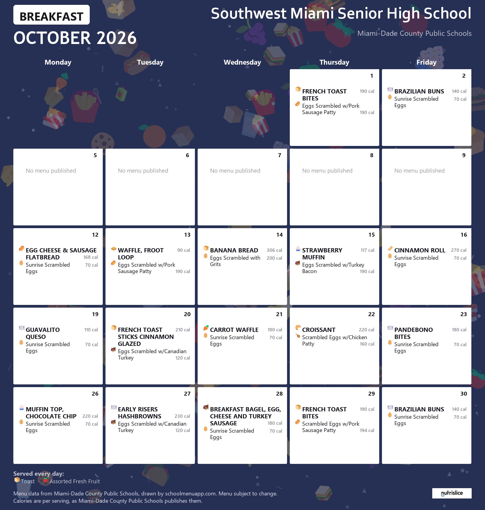 Southwest Miami Senior High School breakfast menu for October 2026 &mdash; Miami-Dade County Public Schools