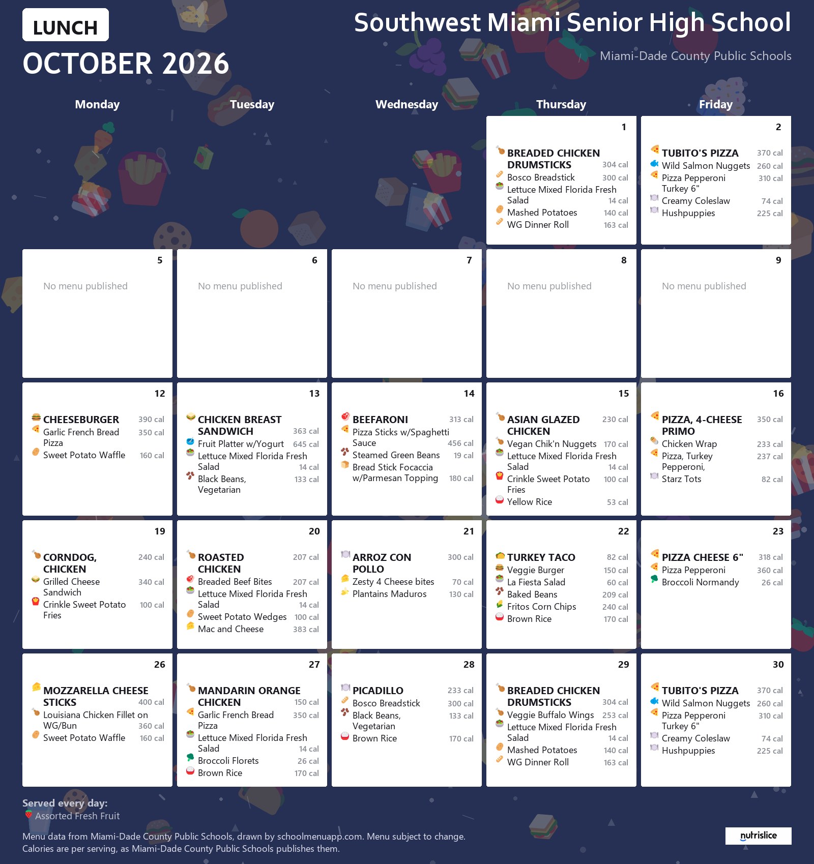 Southwest Miami Senior High School lunch menu for October 2026 &mdash; Miami-Dade County Public Schools