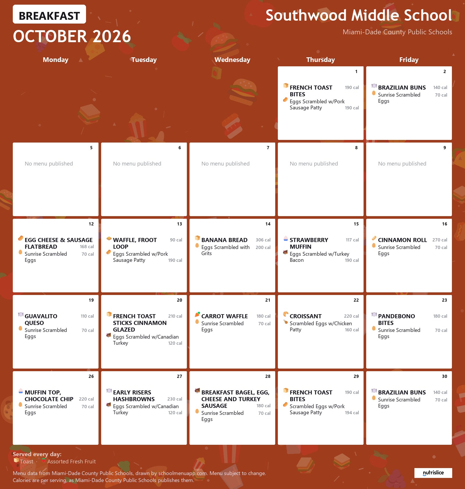 Southwood Middle School breakfast menu for October 2026 &mdash; Miami-Dade County Public Schools