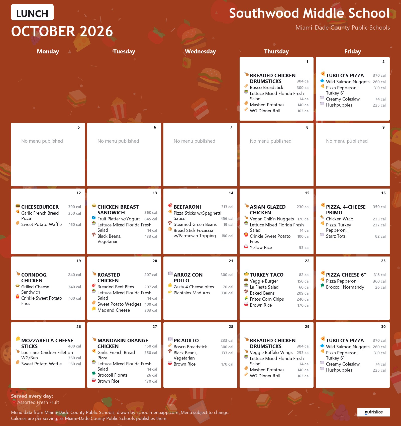 Southwood Middle School lunch menu for October 2026 &mdash; Miami-Dade County Public Schools