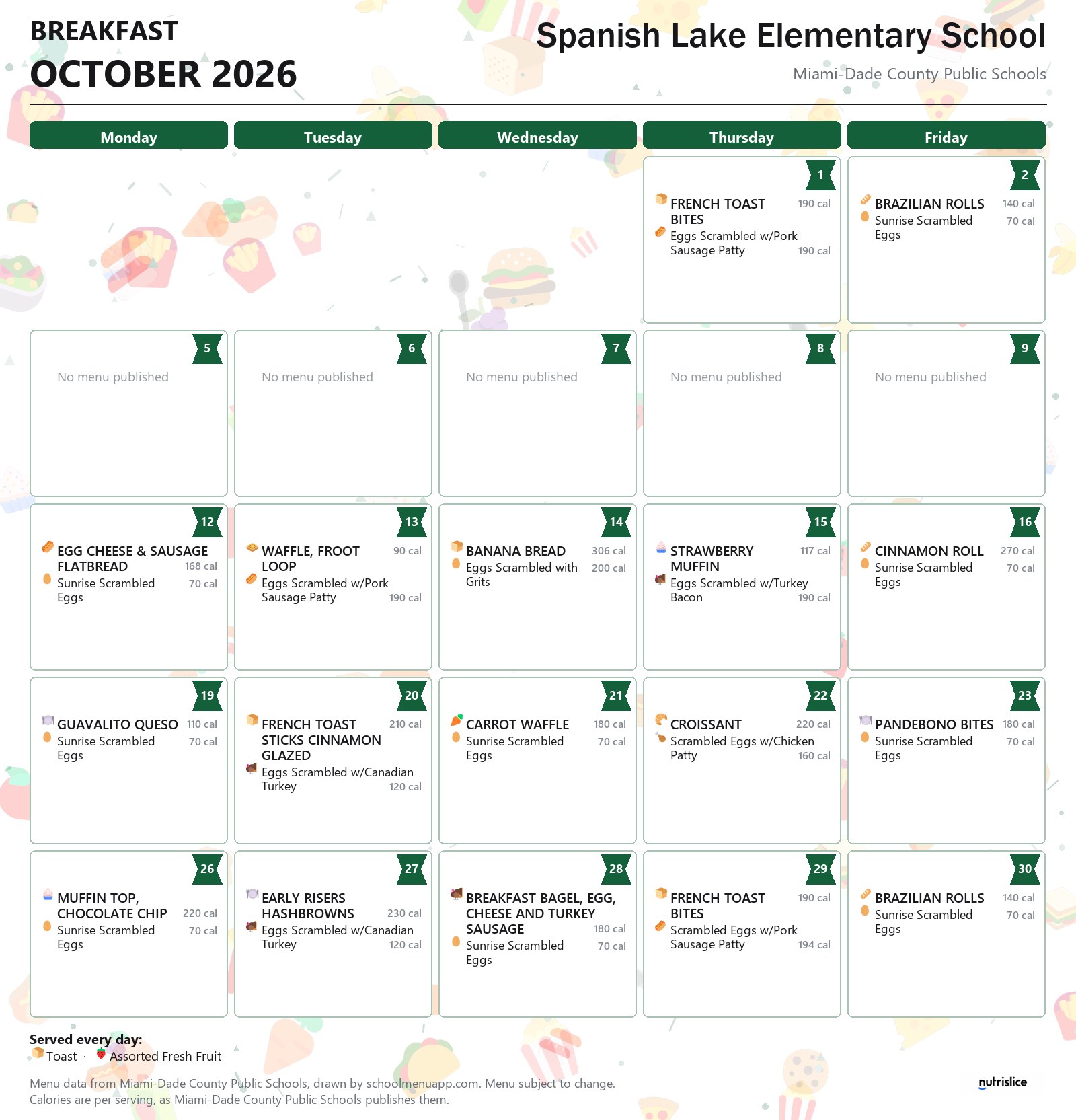 Spanish Lake Elementary School breakfast menu for October 2026 &mdash; Miami-Dade County Public Schools
