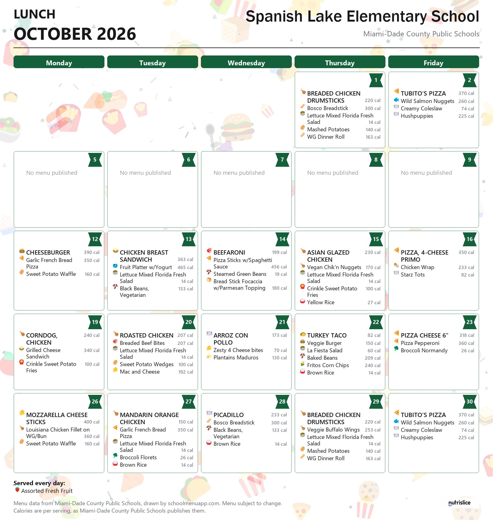 Spanish Lake Elementary School lunch menu for October 2026 &mdash; Miami-Dade County Public Schools