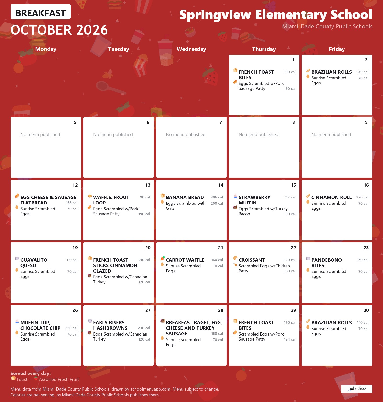 Springview Elementary School breakfast menu for October 2026 &mdash; Miami-Dade County Public Schools