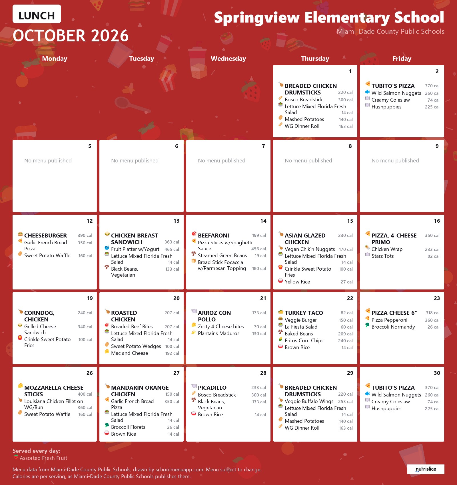 Springview Elementary School lunch menu for October 2026 &mdash; Miami-Dade County Public Schools