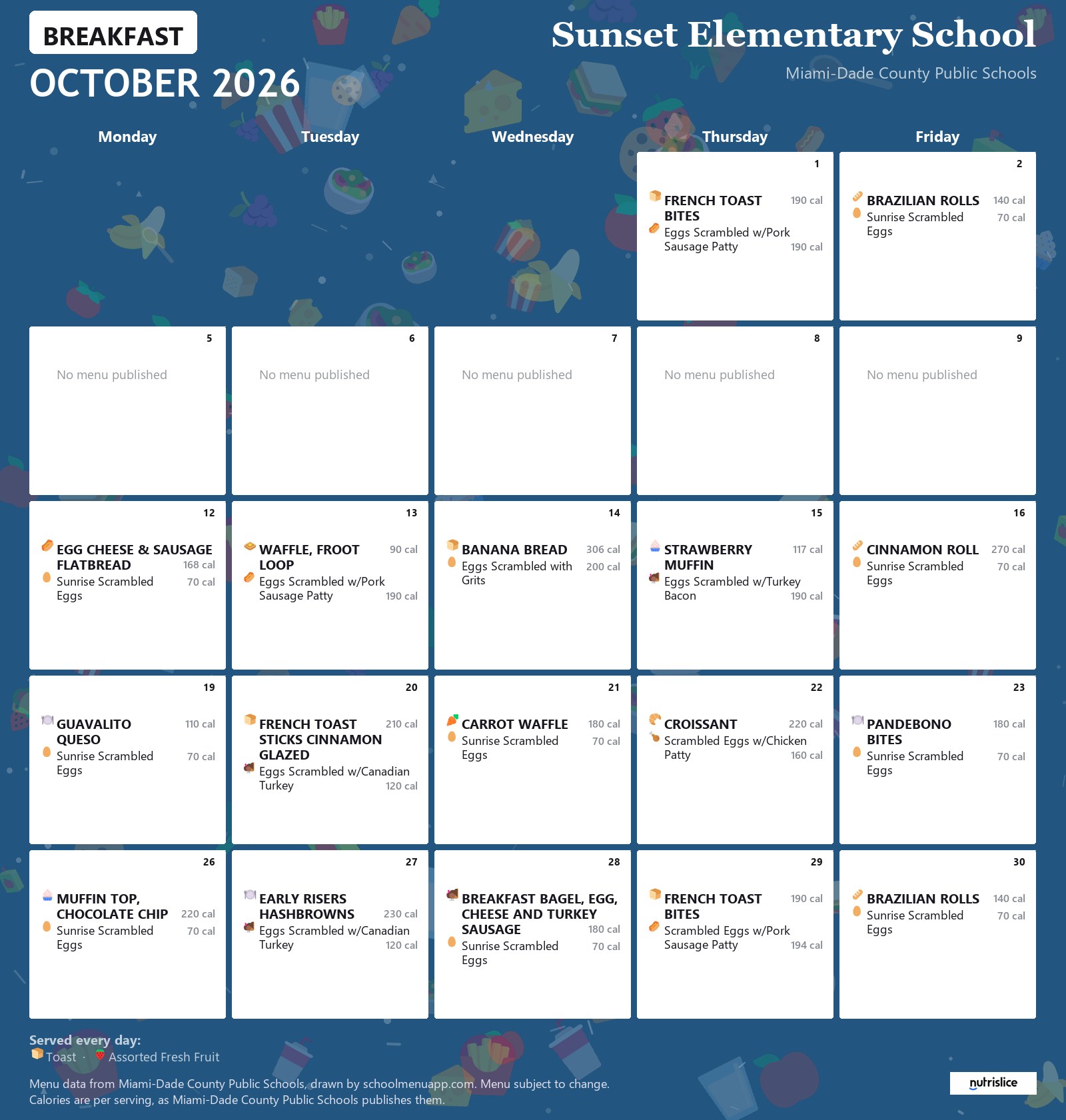 Sunset Elementary School breakfast menu for October 2026 &mdash; Miami-Dade County Public Schools