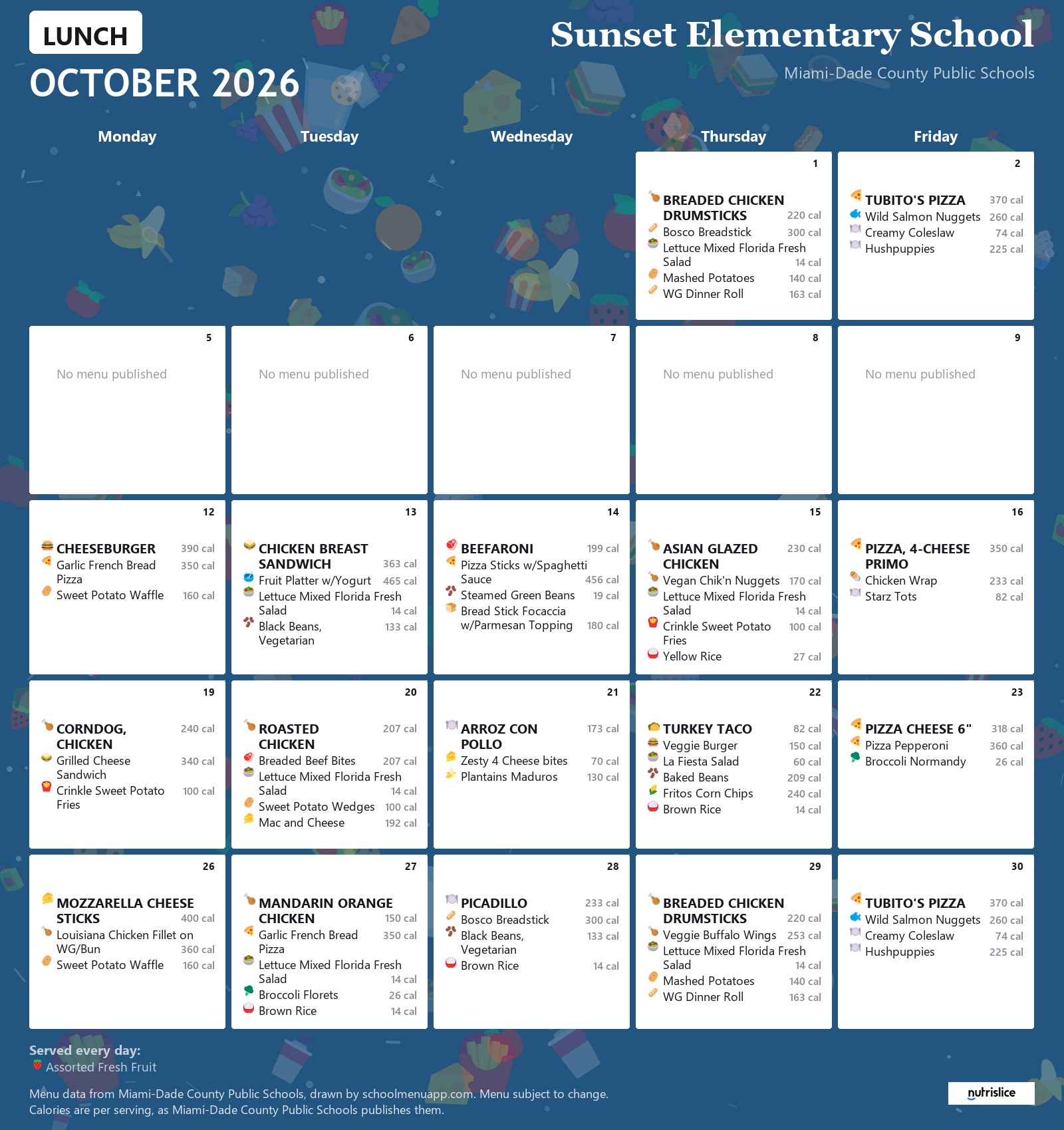 Sunset Elementary School lunch menu for October 2026 &mdash; Miami-Dade County Public Schools
