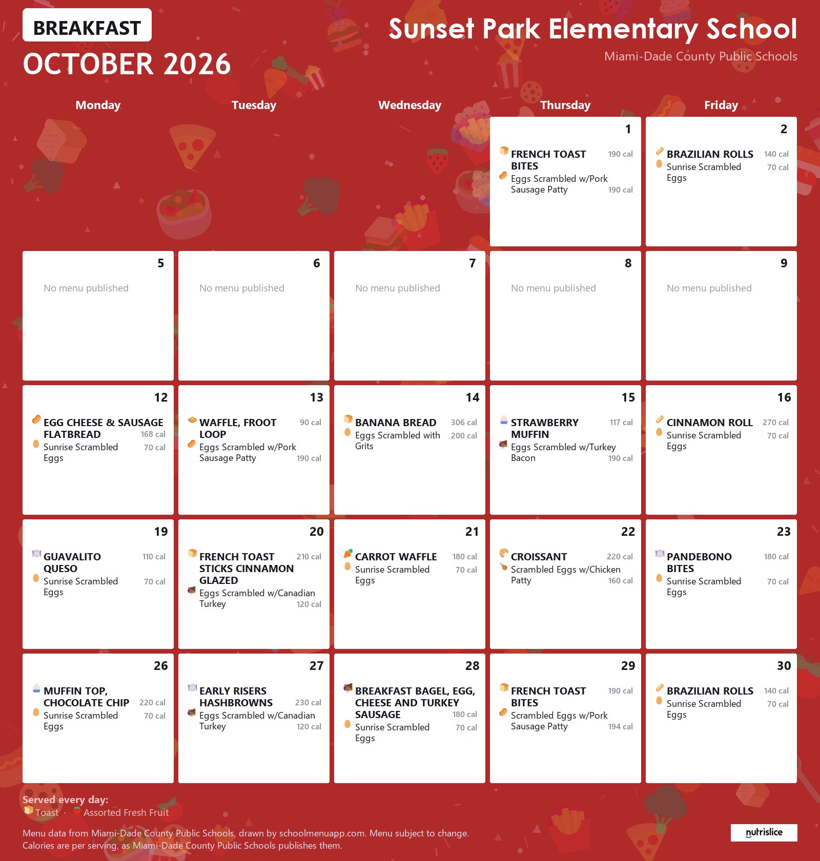 Sunset Park Elementary School breakfast menu for October 2026 &mdash; Miami-Dade County Public Schools