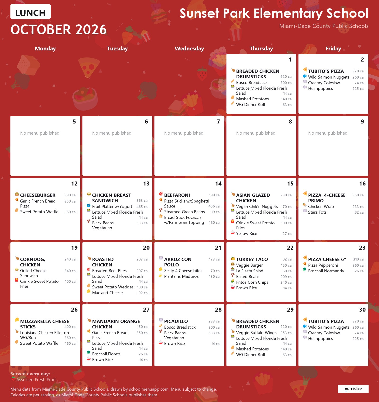 Sunset Park Elementary School lunch menu for October 2026 &mdash; Miami-Dade County Public Schools