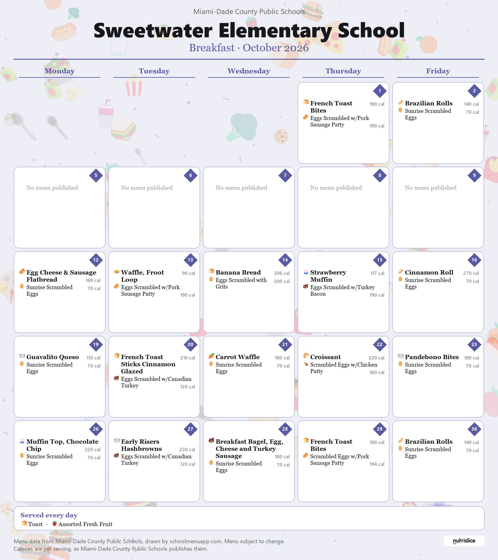 Sweetwater Elementary School breakfast menu for October 2026 &mdash; Miami-Dade County Public Schools