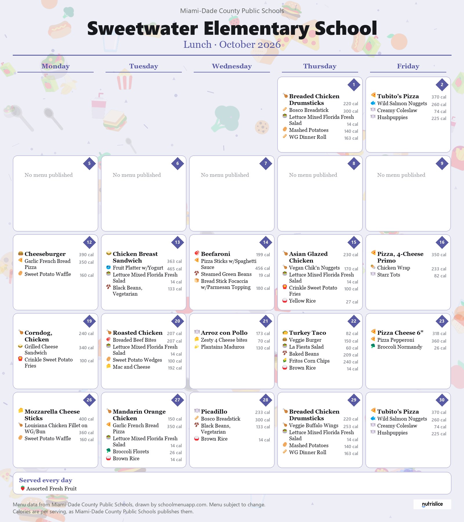 Sweetwater Elementary School lunch menu for October 2026 &mdash; Miami-Dade County Public Schools