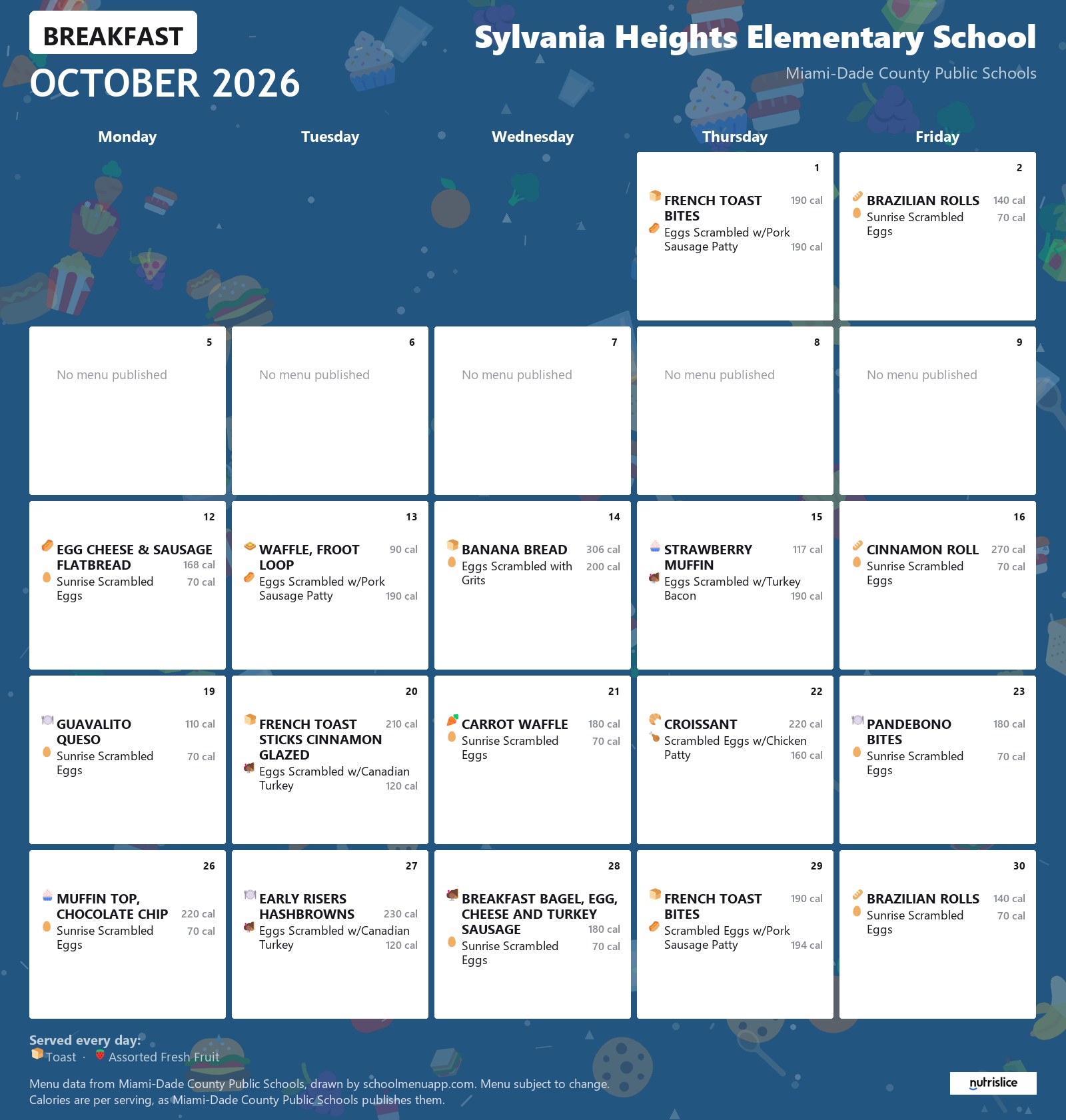 Sylvania Heights Elementary School breakfast menu for October 2026 &mdash; Miami-Dade County Public Schools