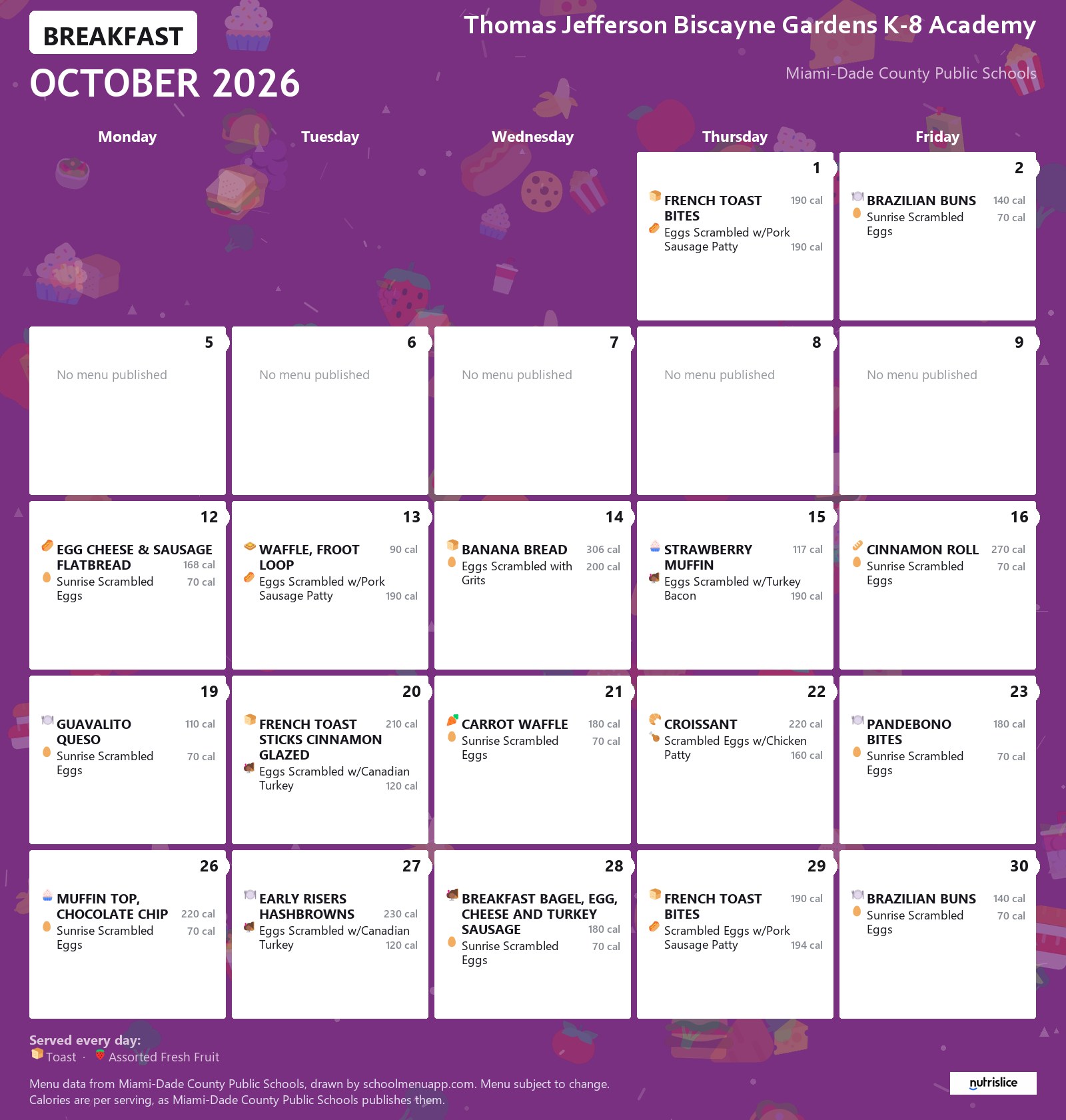 Thomas Jefferson Biscayne Gardens K-8 Academy breakfast menu for October 2026 &mdash; Miami-Dade County Public Schools