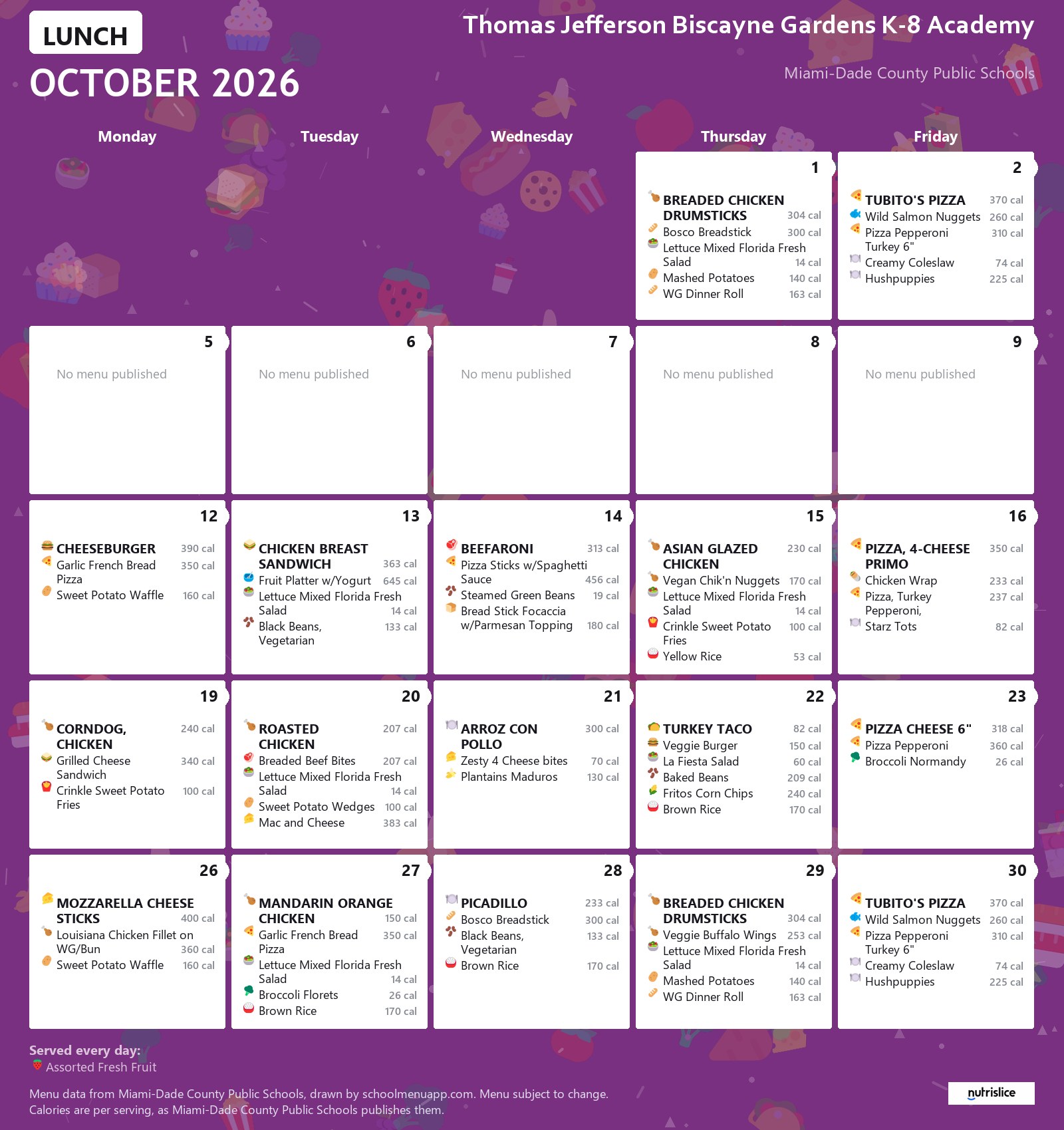Thomas Jefferson Biscayne Gardens K-8 Academy lunch menu for October 2026 &mdash; Miami-Dade County Public Schools