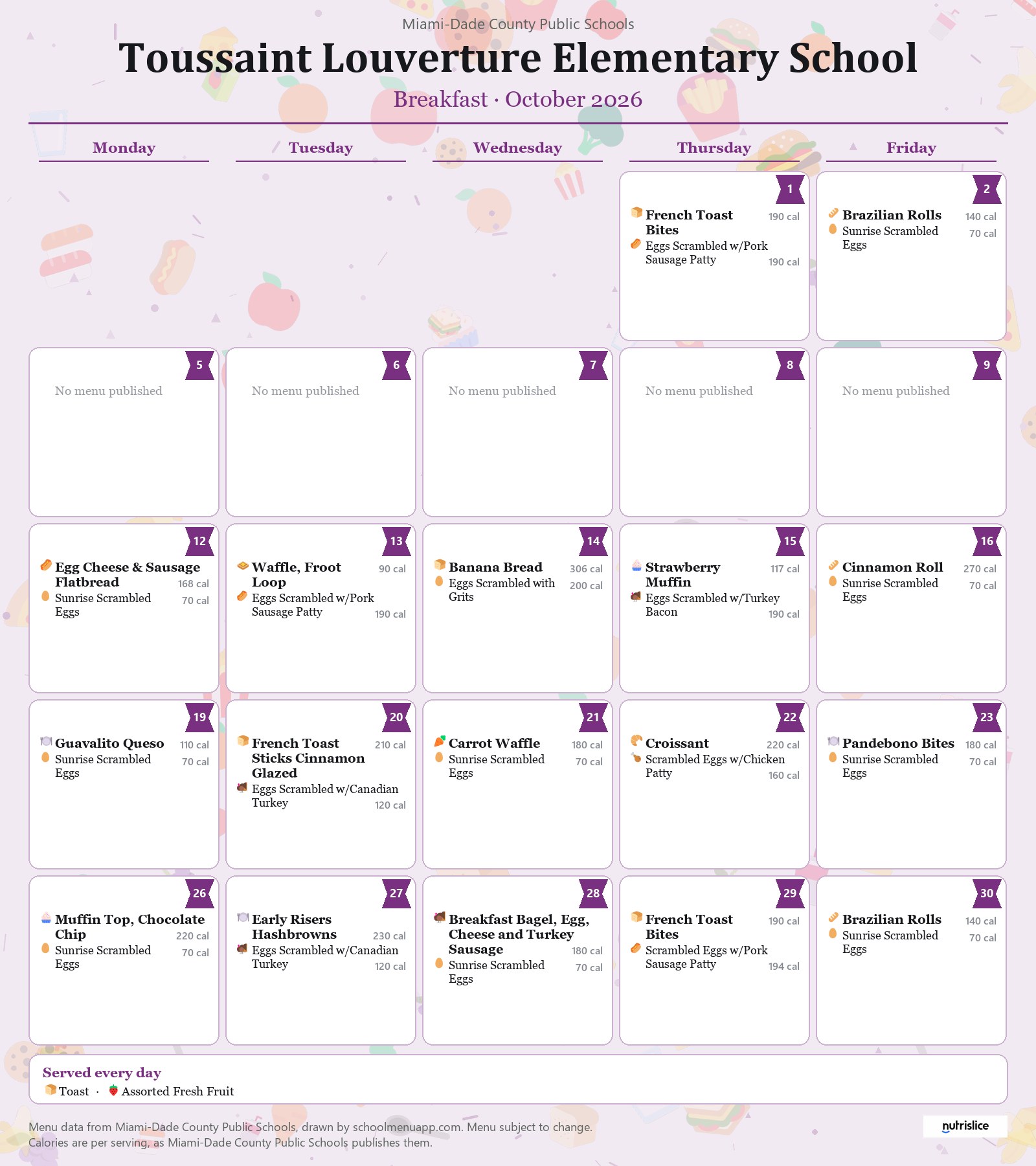 Toussaint Louverture Elementary School breakfast menu for October 2026 &mdash; Miami-Dade County Public Schools
