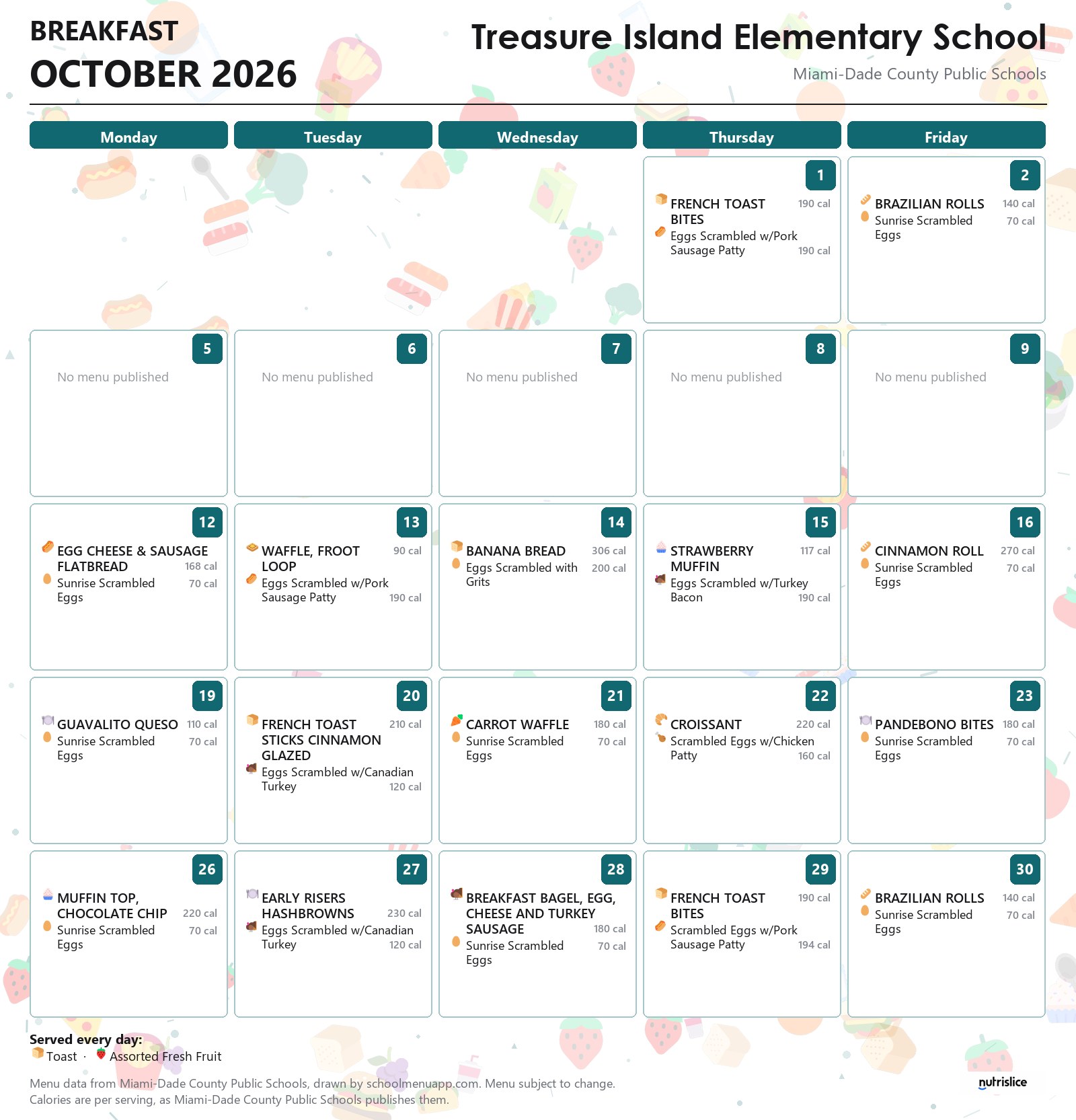 Treasure Island Elementary School breakfast menu for October 2026 &mdash; Miami-Dade County Public Schools