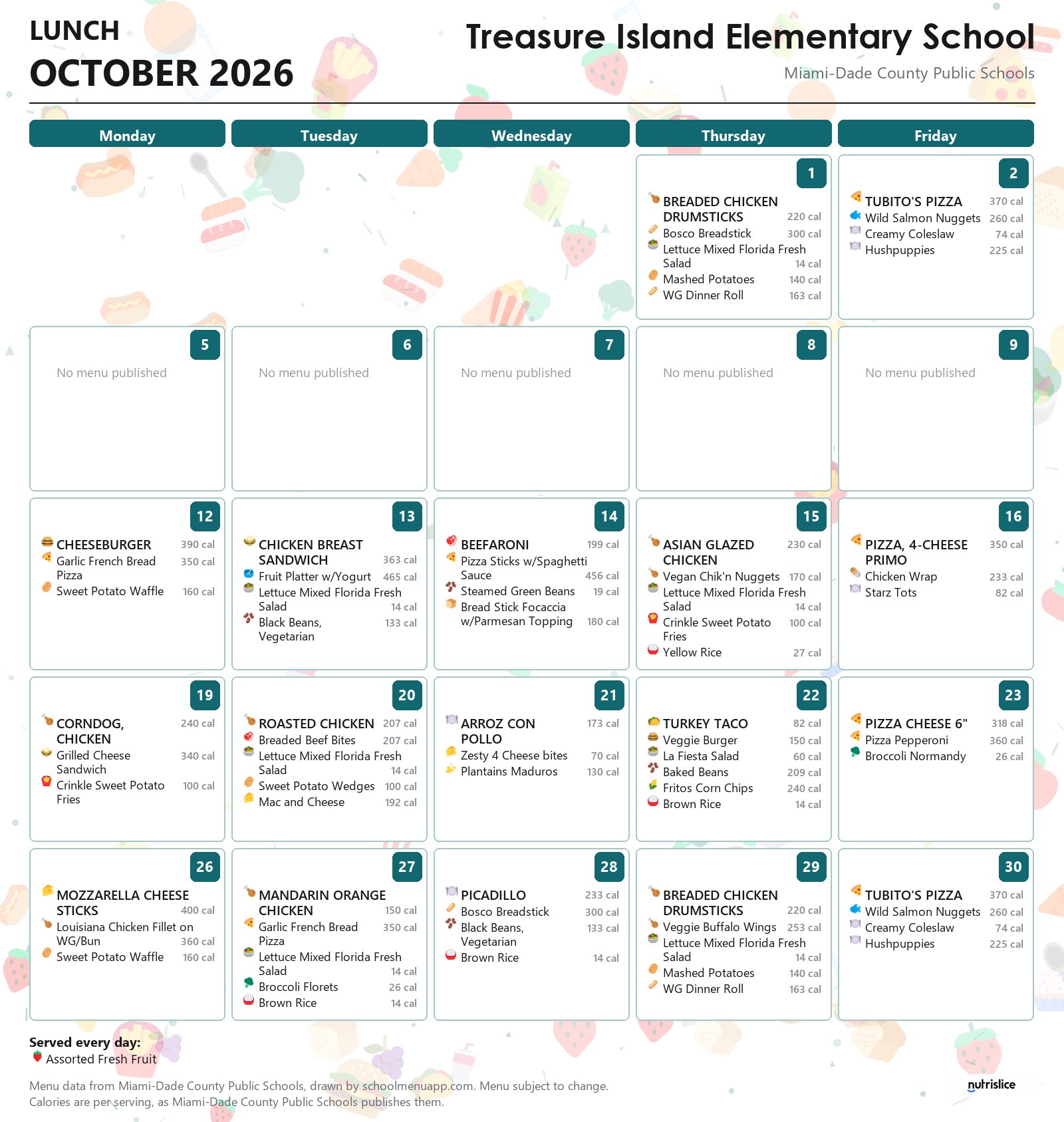 Treasure Island Elementary School lunch menu for October 2026 &mdash; Miami-Dade County Public Schools