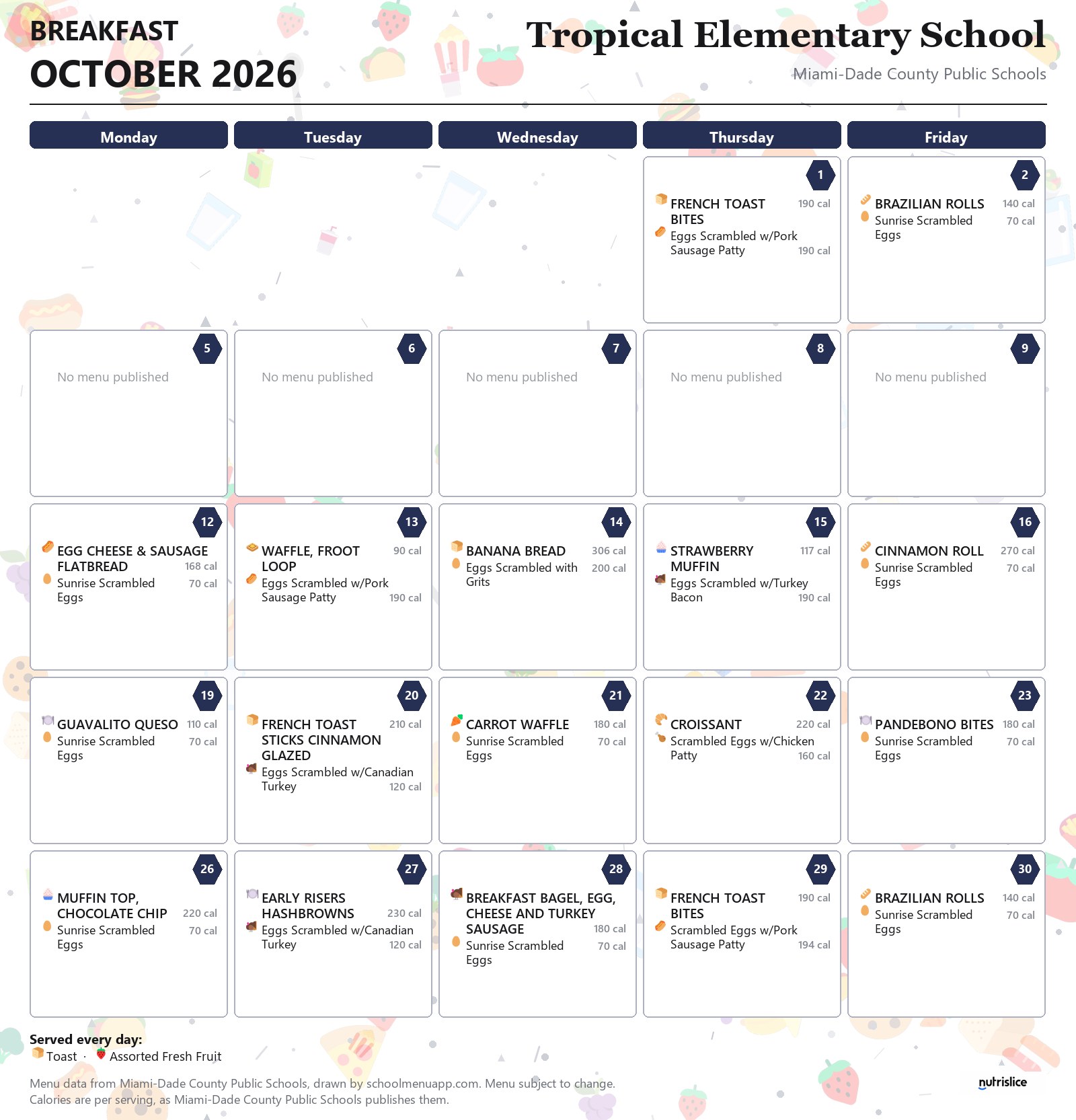 Tropical Elementary School breakfast menu for October 2026 &mdash; Miami-Dade County Public Schools